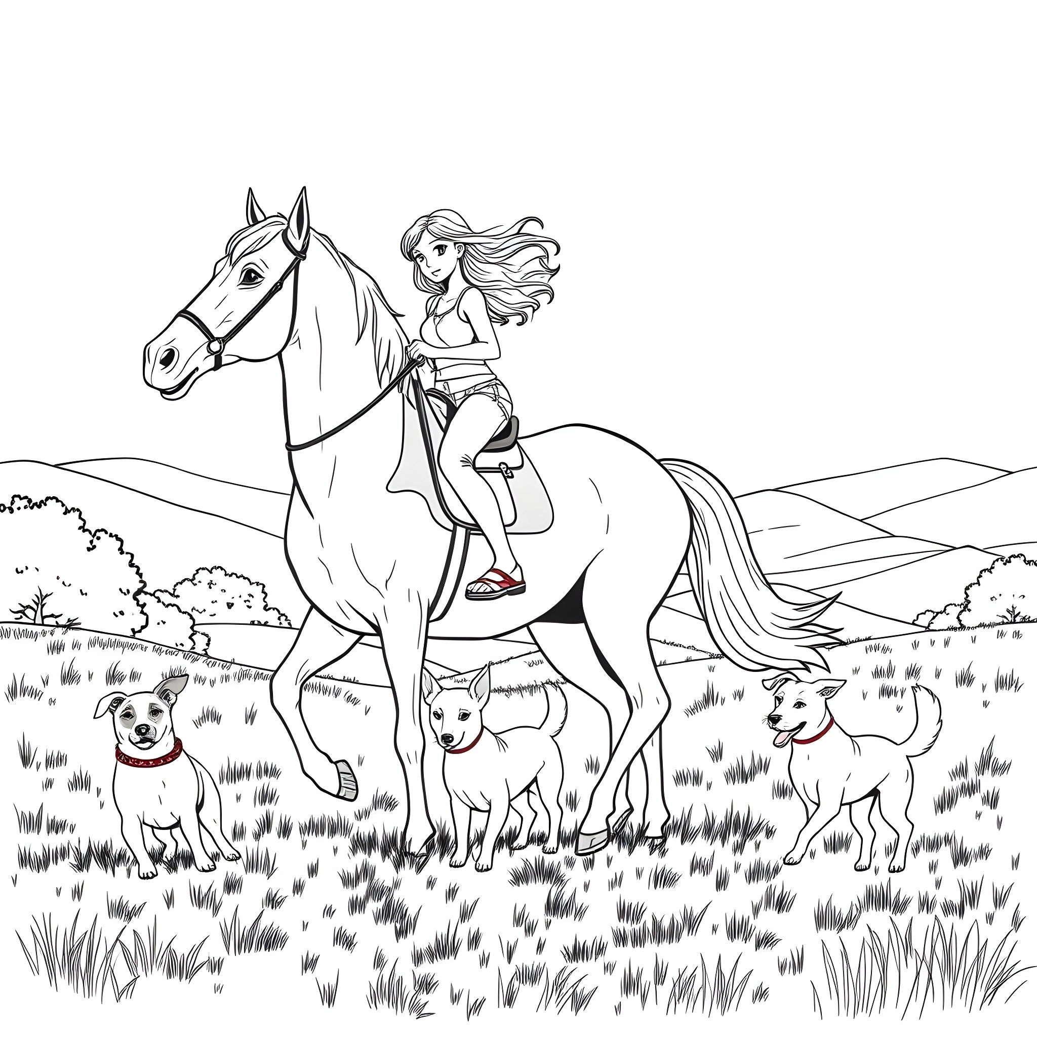 Teen Girl Riding Horse with Loyal Dogs in the Countryside Coloring Page (free black-and-white line drawing printable PDF for all, from beginners to advanced learners, including children, teens, adults, and seniors)
