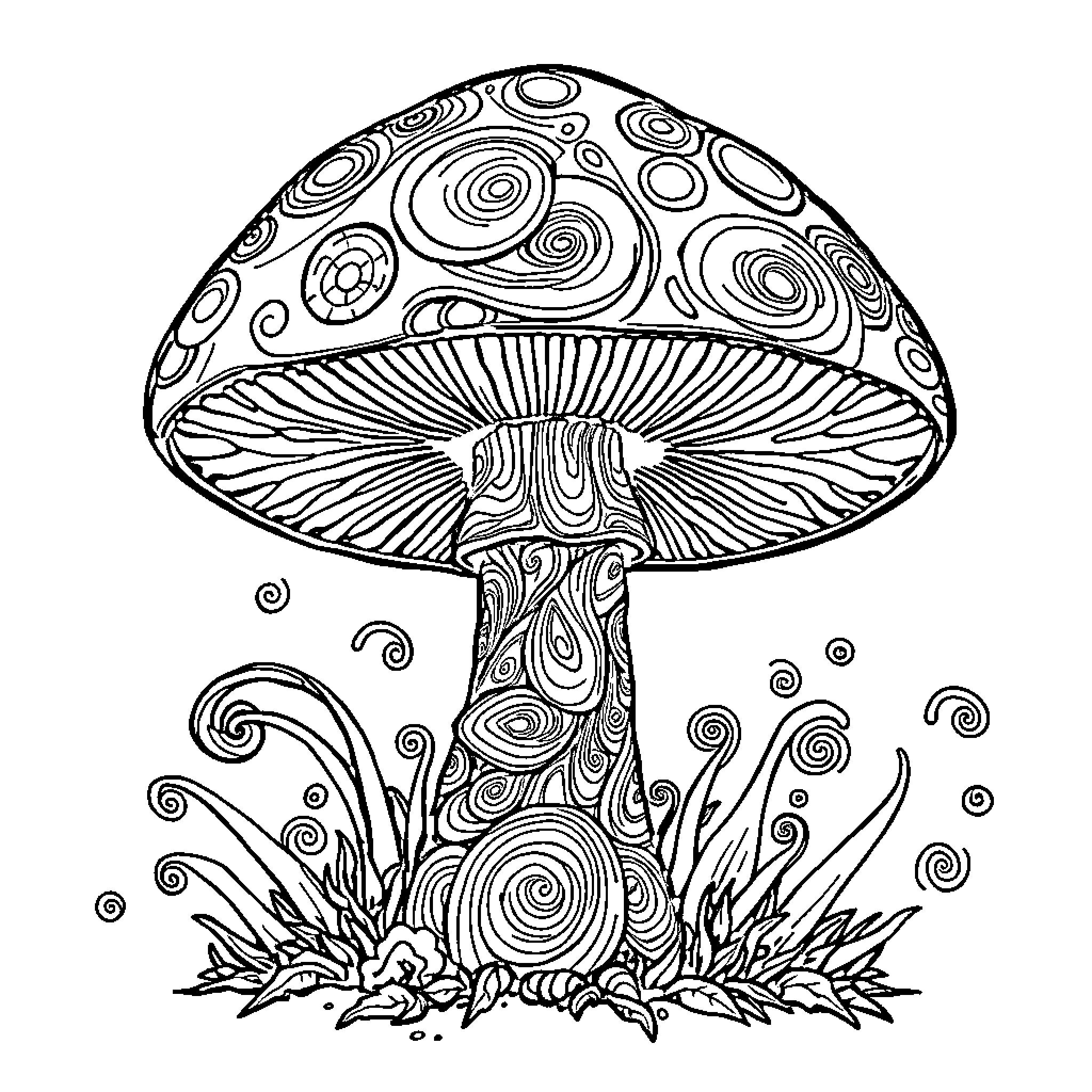 Mushroom with intricate psychedelic patterns Coloring Page (free black-and-white line drawing printable PDF for all, from beginners to advanced learners, including children, teens, adults, and seniors)
