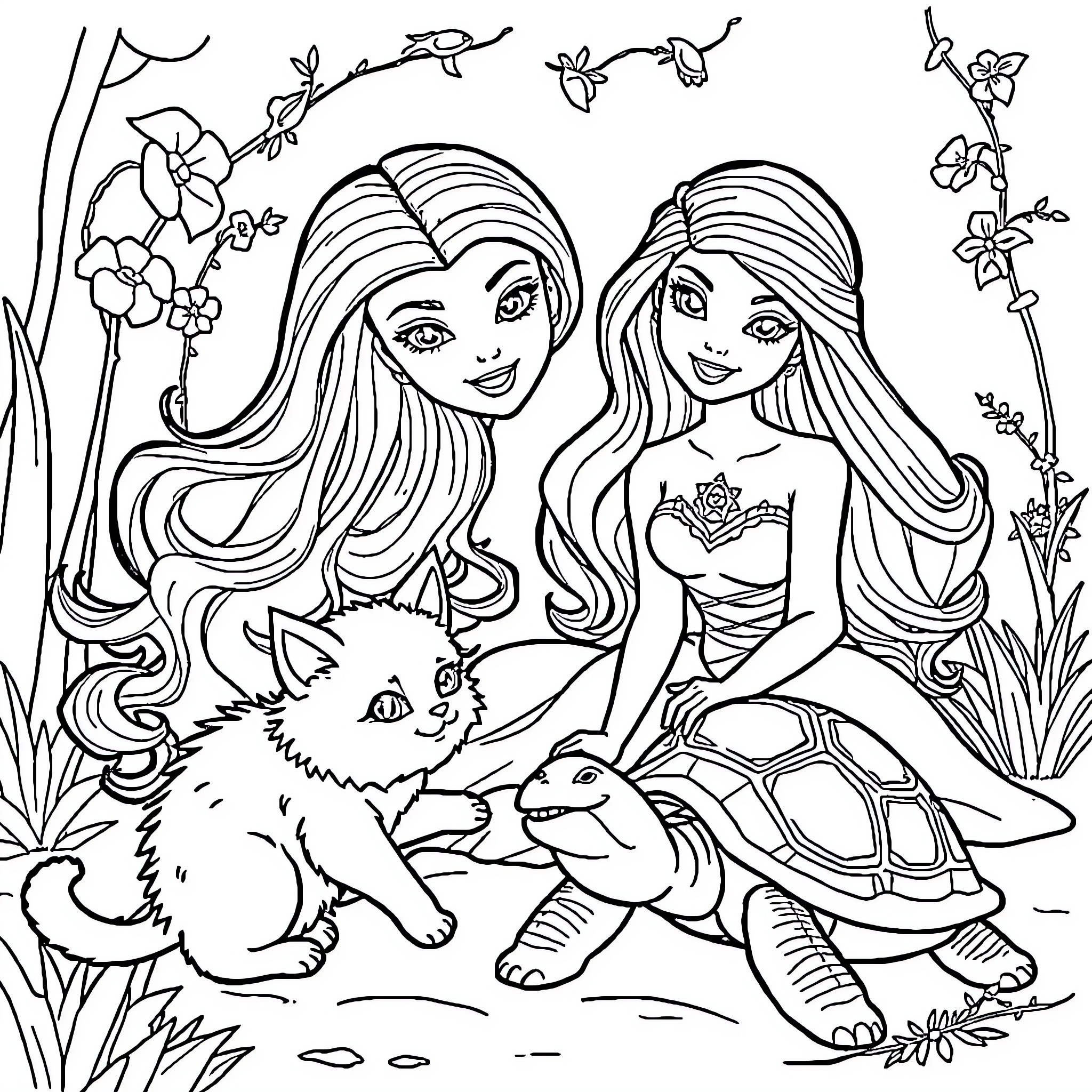 Barbie and Pets in Floral Garden Coloring Page (free black-and-white line drawing printable PDF for all, from beginners to advanced learners, including children, teens, adults, and seniors)