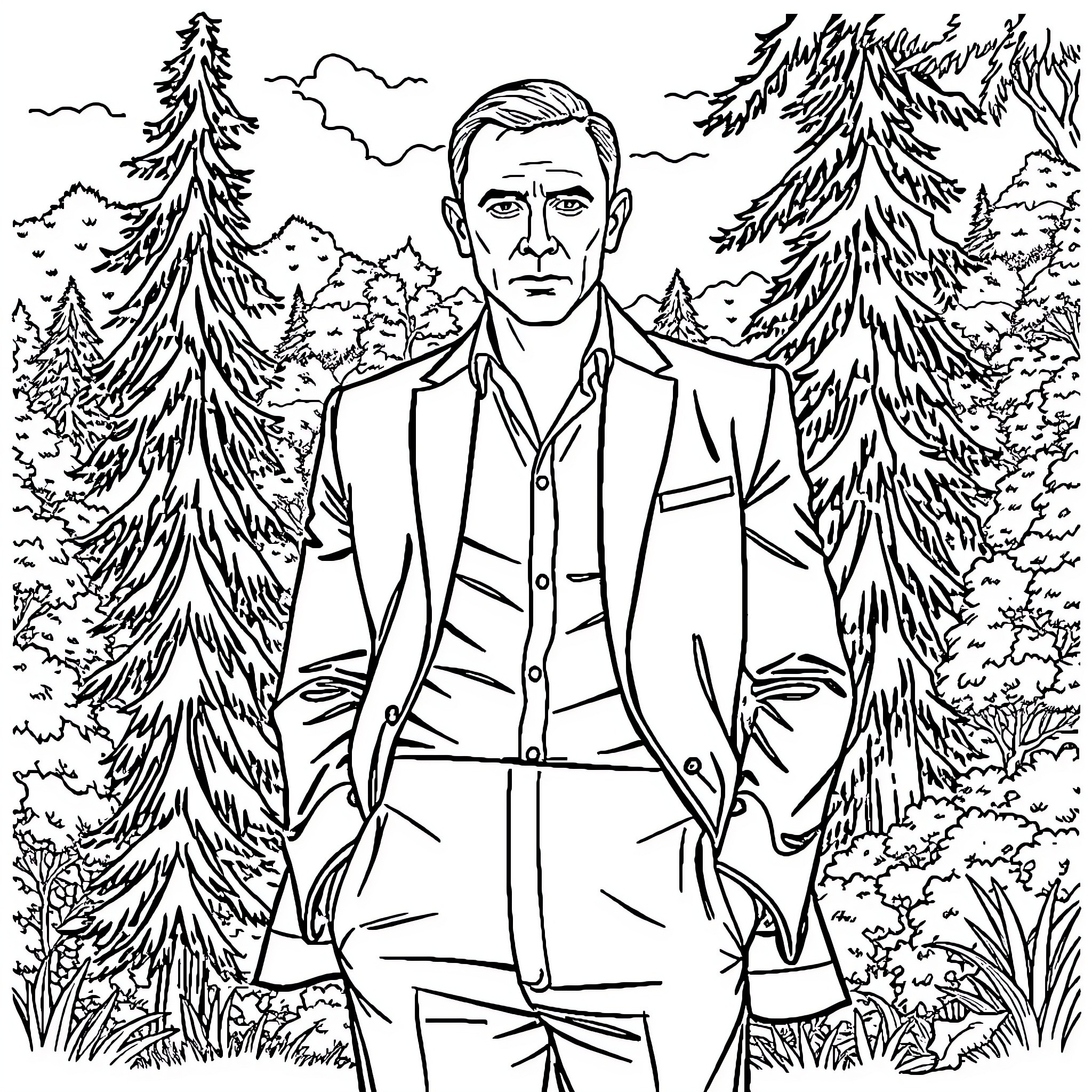 James Bond in the Wilderness Coloring Page (free black-and-white line drawing printable PDF for all, from beginners to advanced learners, including children, teens, adults, and seniors)