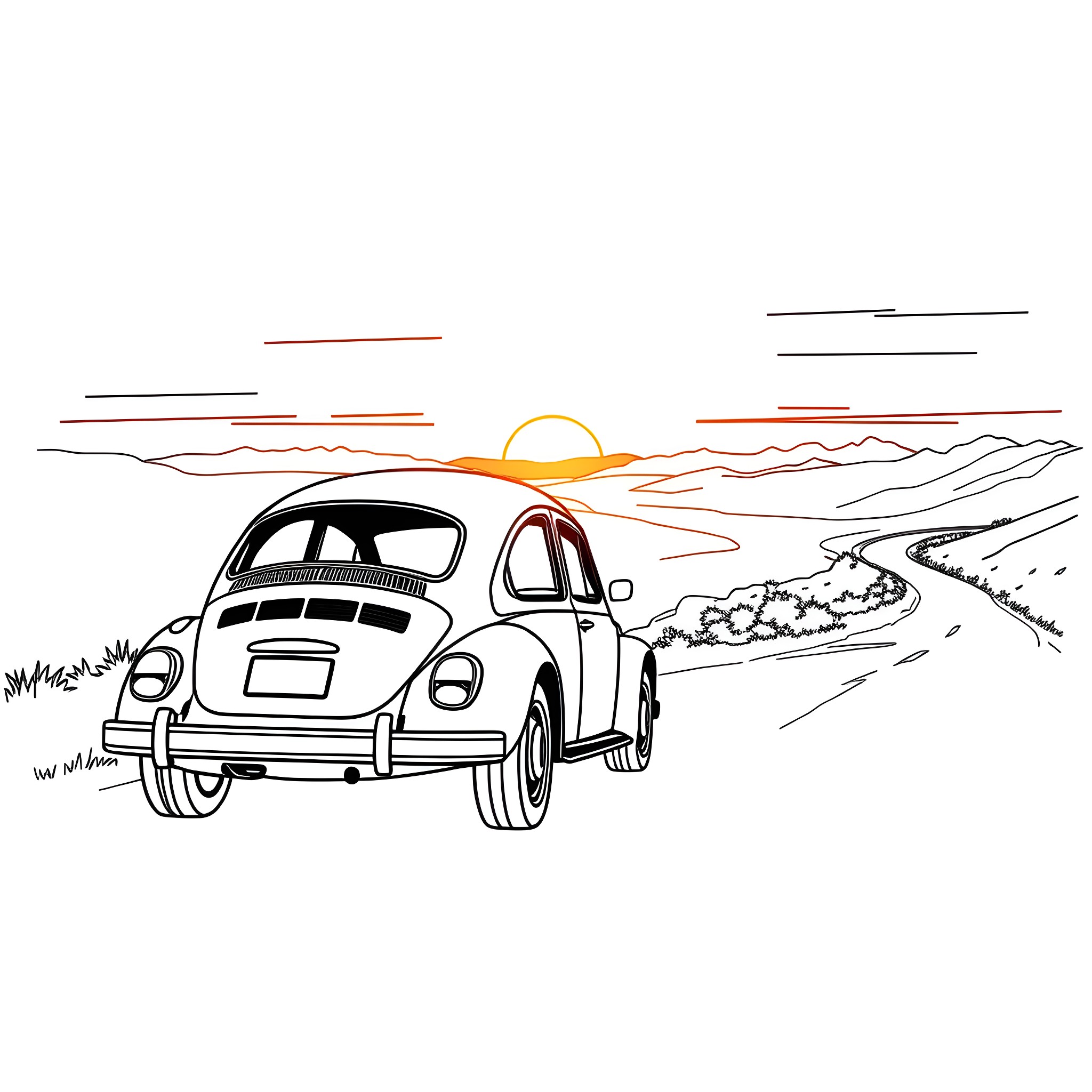 Volkswagen car driving on a scenic road at sunset Coloring Page (free black-and-white line drawing printable PDF for all, from beginners to advanced learners, including children, teens, adults, and seniors)