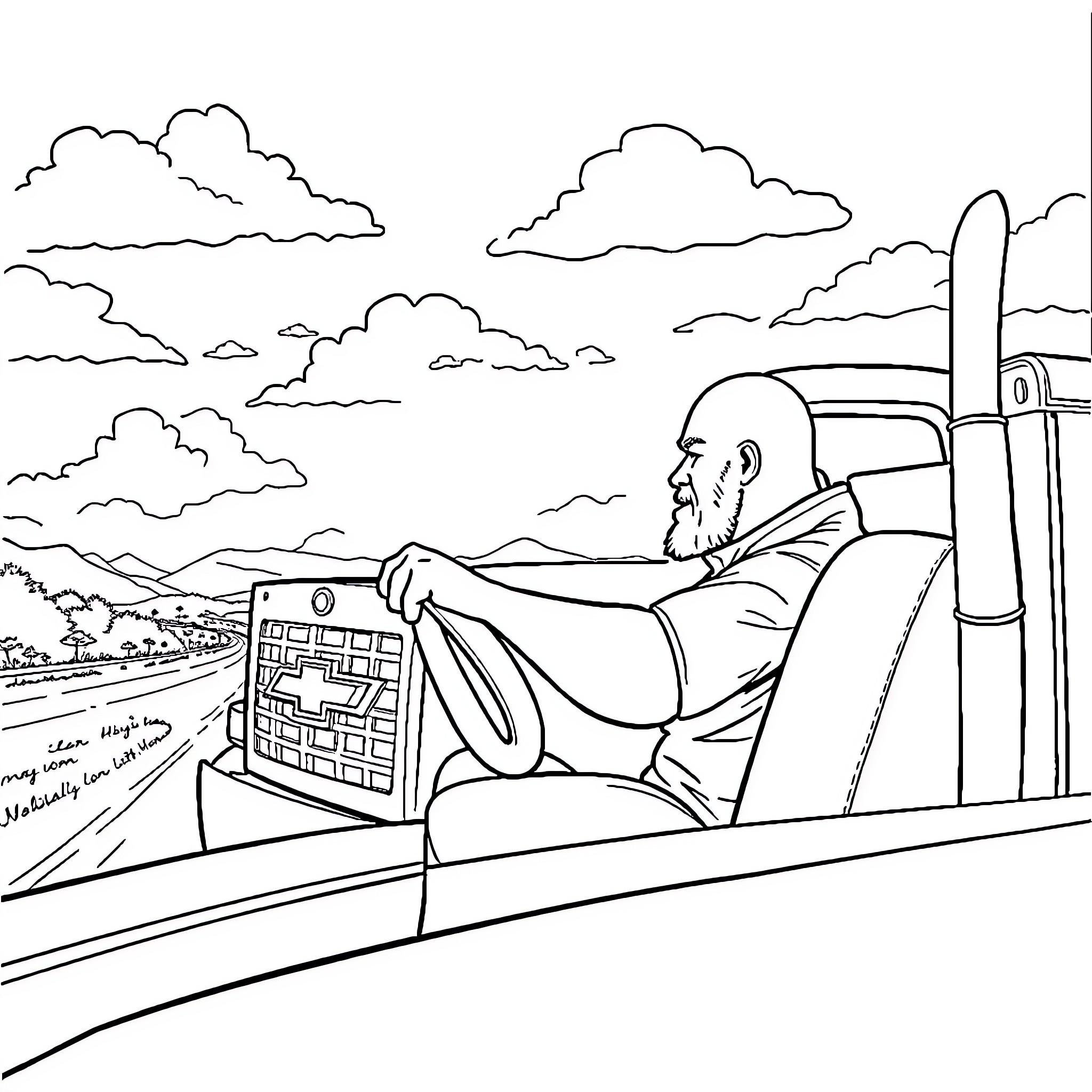 Guy driving a vehicle on the open road Coloring Page (free black-and-white line drawing printable PDF for all, from beginners to advanced learners, including children, teens, adults, and seniors)