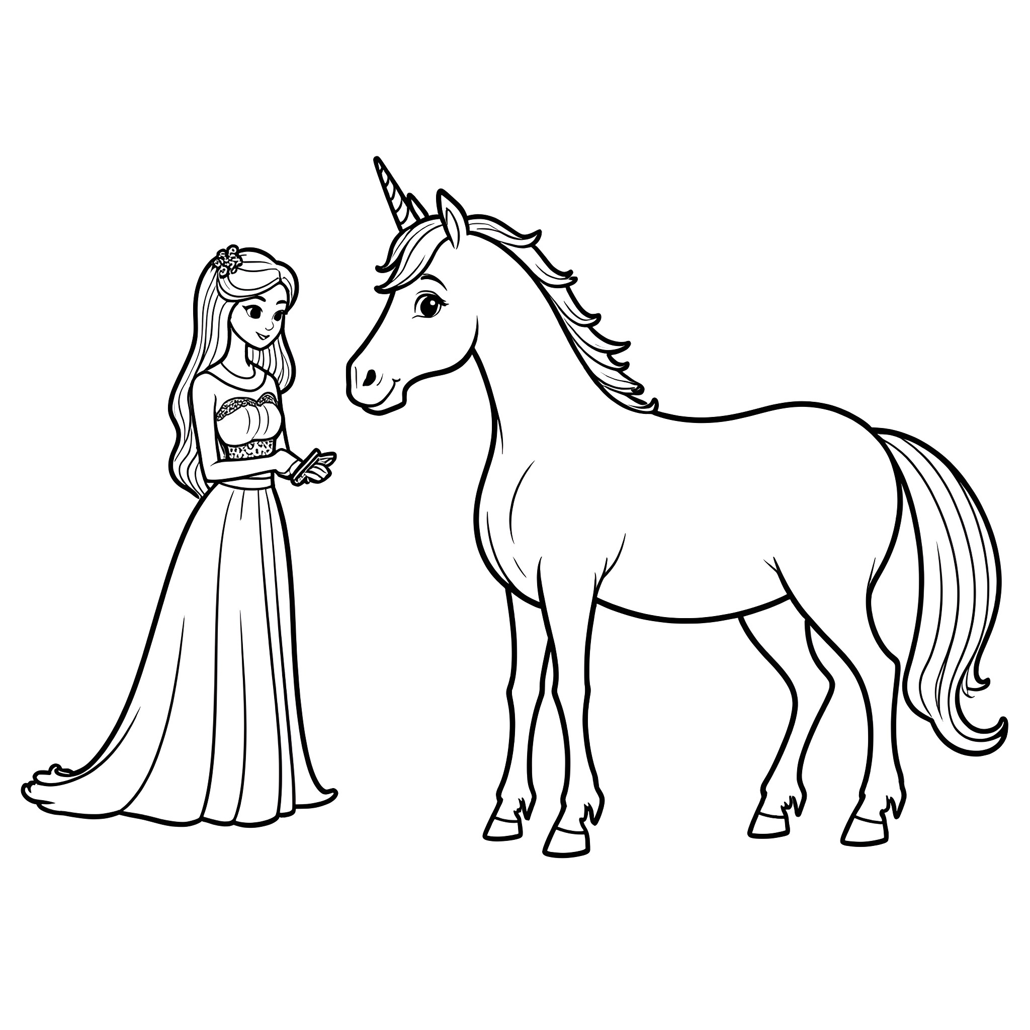 Unicorn and princess in elegant attire Coloring Page (free black-and-white line drawing printable PDF for all, from beginners to advanced learners, including children, teens, adults, and seniors)