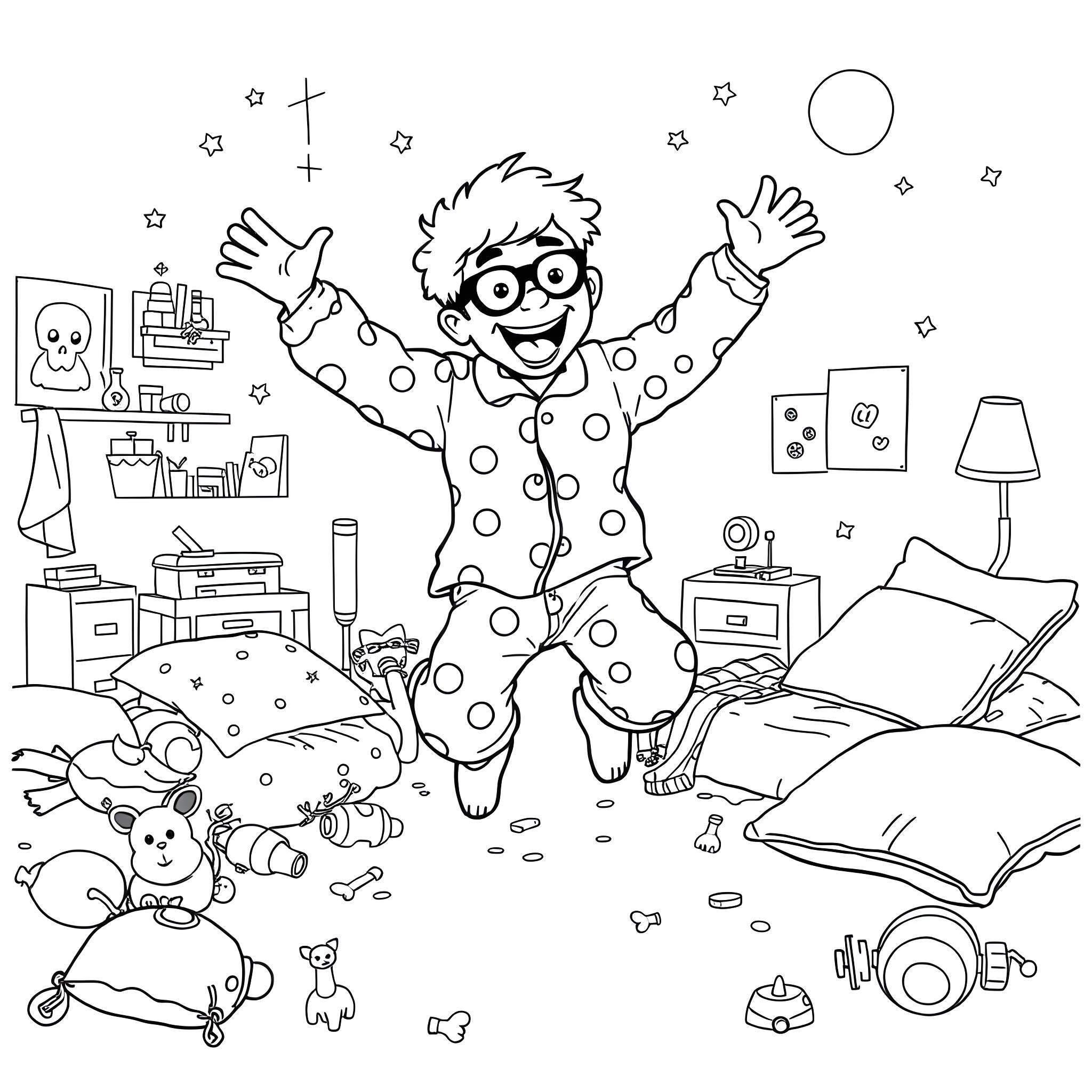Rick Moranis playing joyfully in his messy bedroom Coloring Page (free black-and-white line drawing printable PDF for all, from beginners to advanced learners, including children, teens, adults, and seniors)
