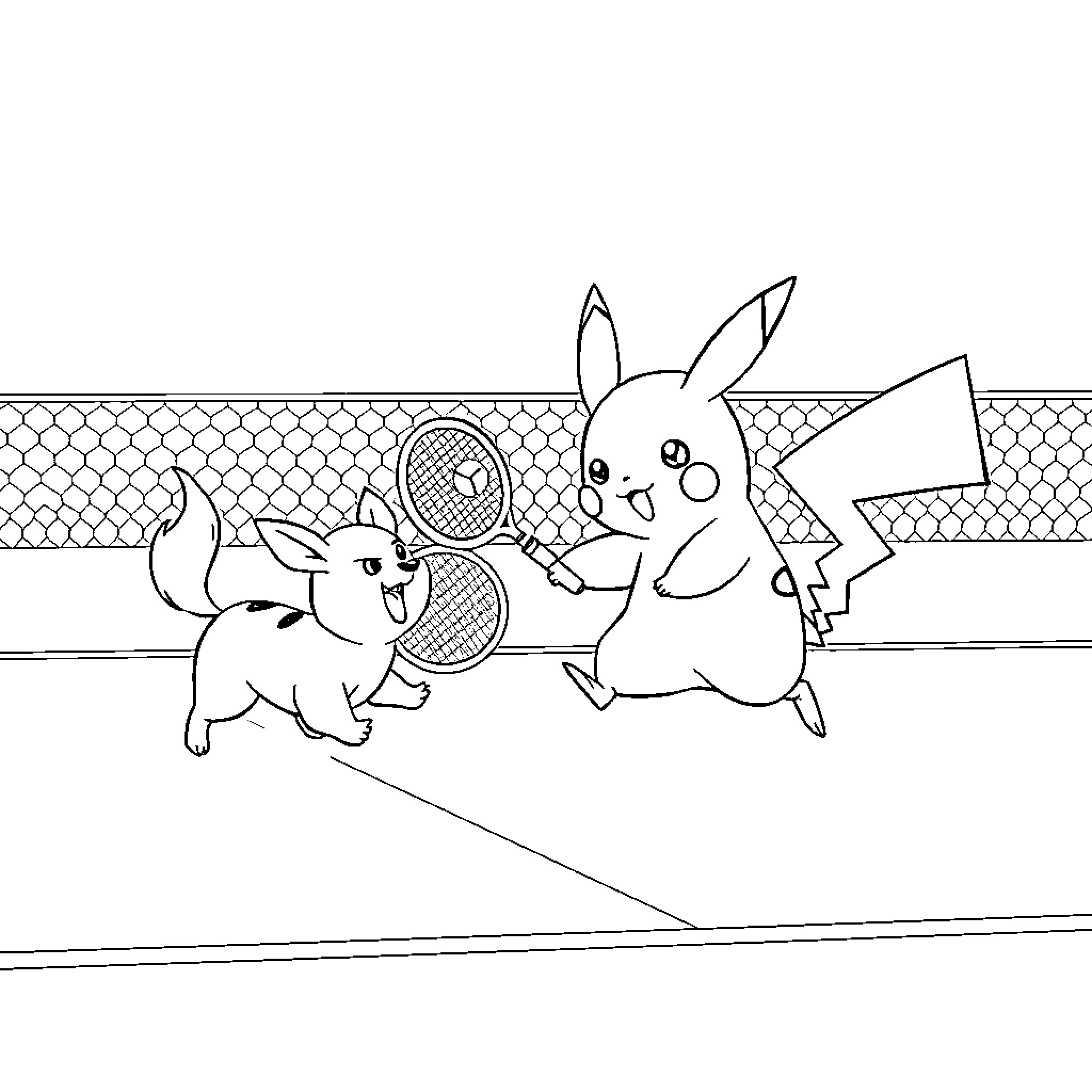 Pikachu and Eevee playing tennis Coloring Page (free black-and-white line drawing printable PDF for all, from beginners to advanced learners, including children, teens, adults, and seniors)