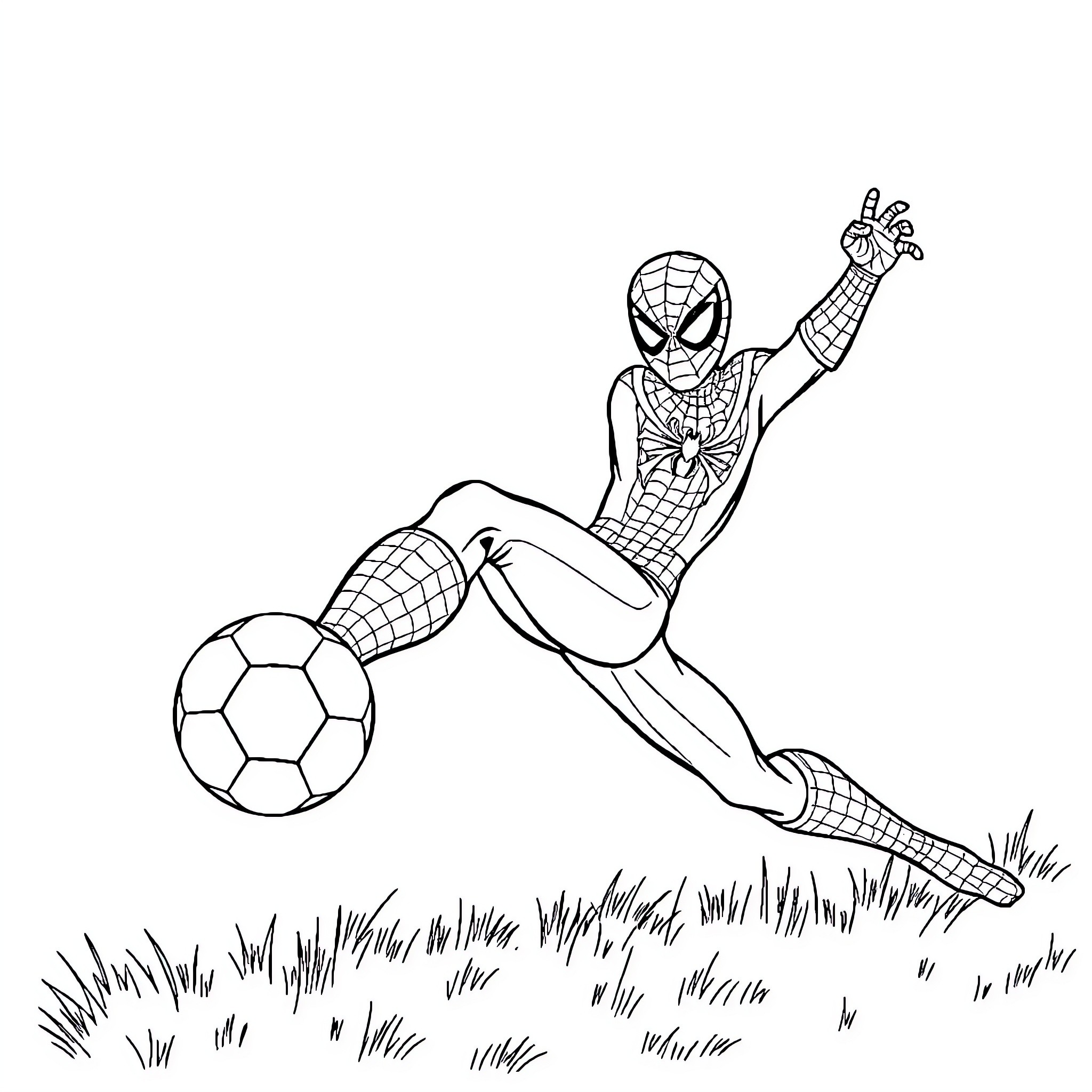 Spiderman Playing Soccer on the Field Coloring Page (free black-and-white line drawing printable PDF for all, from beginners to advanced learners, including children, teens, adults, and seniors)