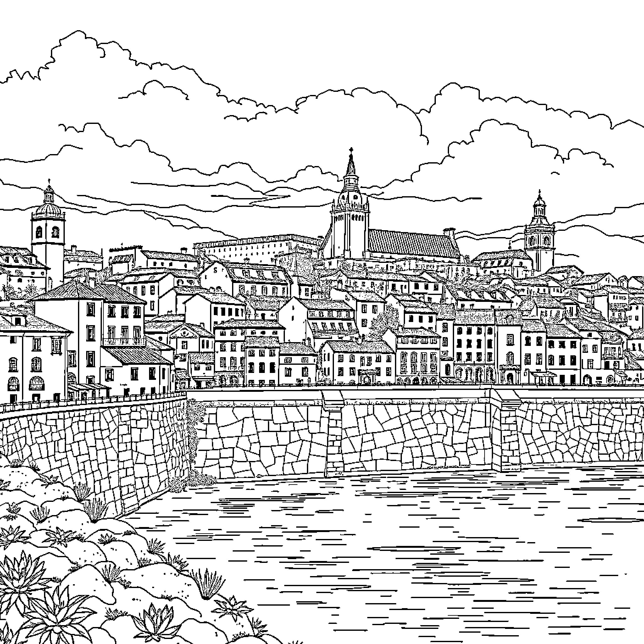 Coimbra: Historic city skyline by the river Coloring Page (free black-and-white line drawing printable PDF for all, from beginners to advanced learners, including children, teens, adults, and seniors)