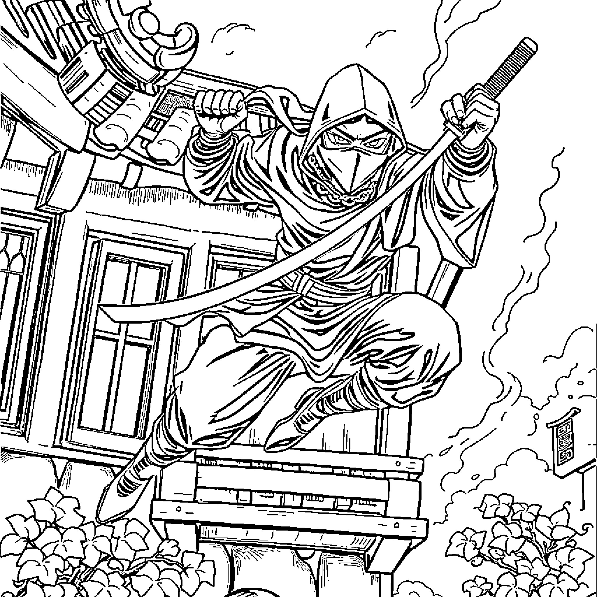 Ninja warrior in action with weapons on rooftop Coloring Page (free black-and-white line drawing printable PDF for all, from beginners to advanced learners, including children, teens, adults, and seniors)