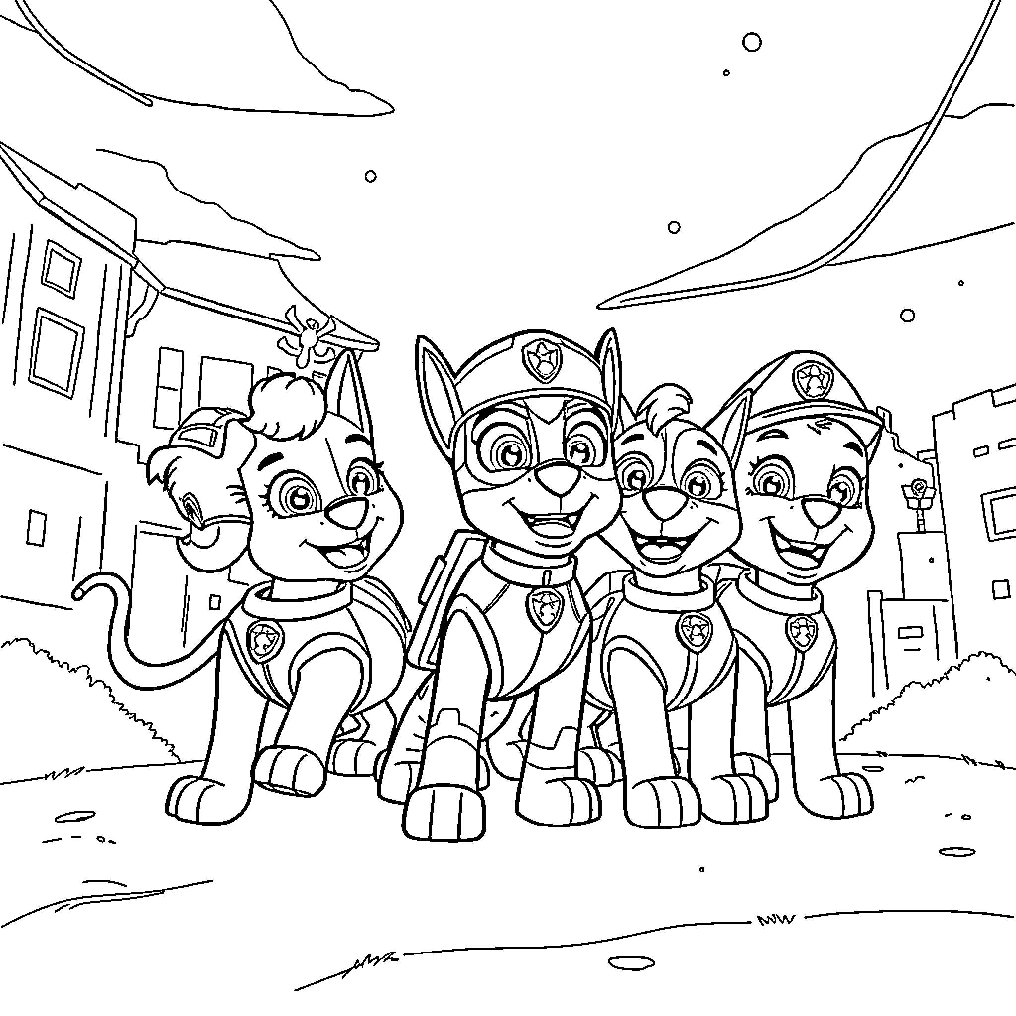 Paw Patrol characters in an outdoor scene Coloring Page (free black-and-white line drawing printable PDF for all, from beginners to advanced learners, including children, teens, adults, and seniors)