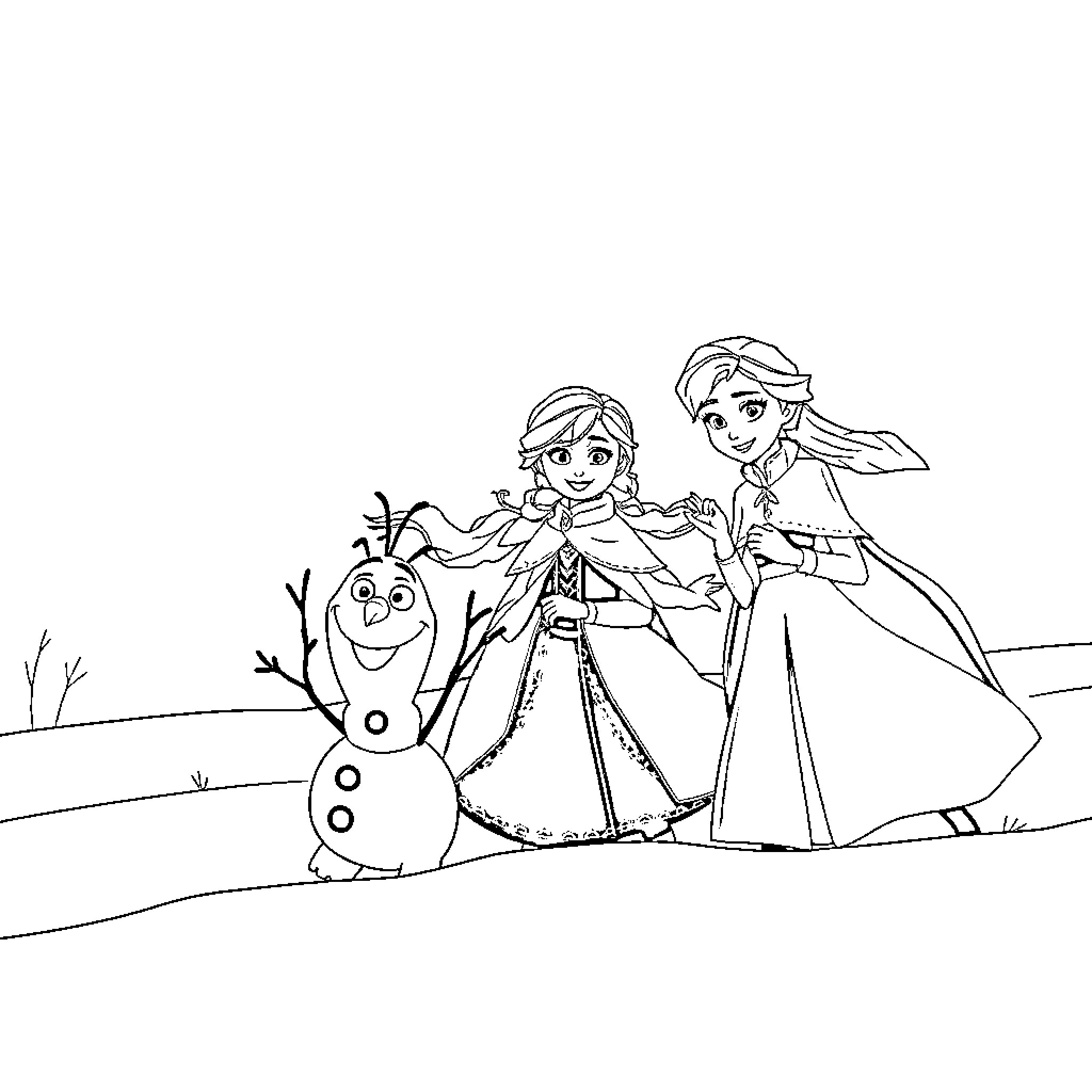 Elsa, Anna, and Olaf in a Wintry Adventure Coloring Page (free black-and-white line drawing printable PDF for all, from beginners to advanced learners, including children, teens, adults, and seniors)