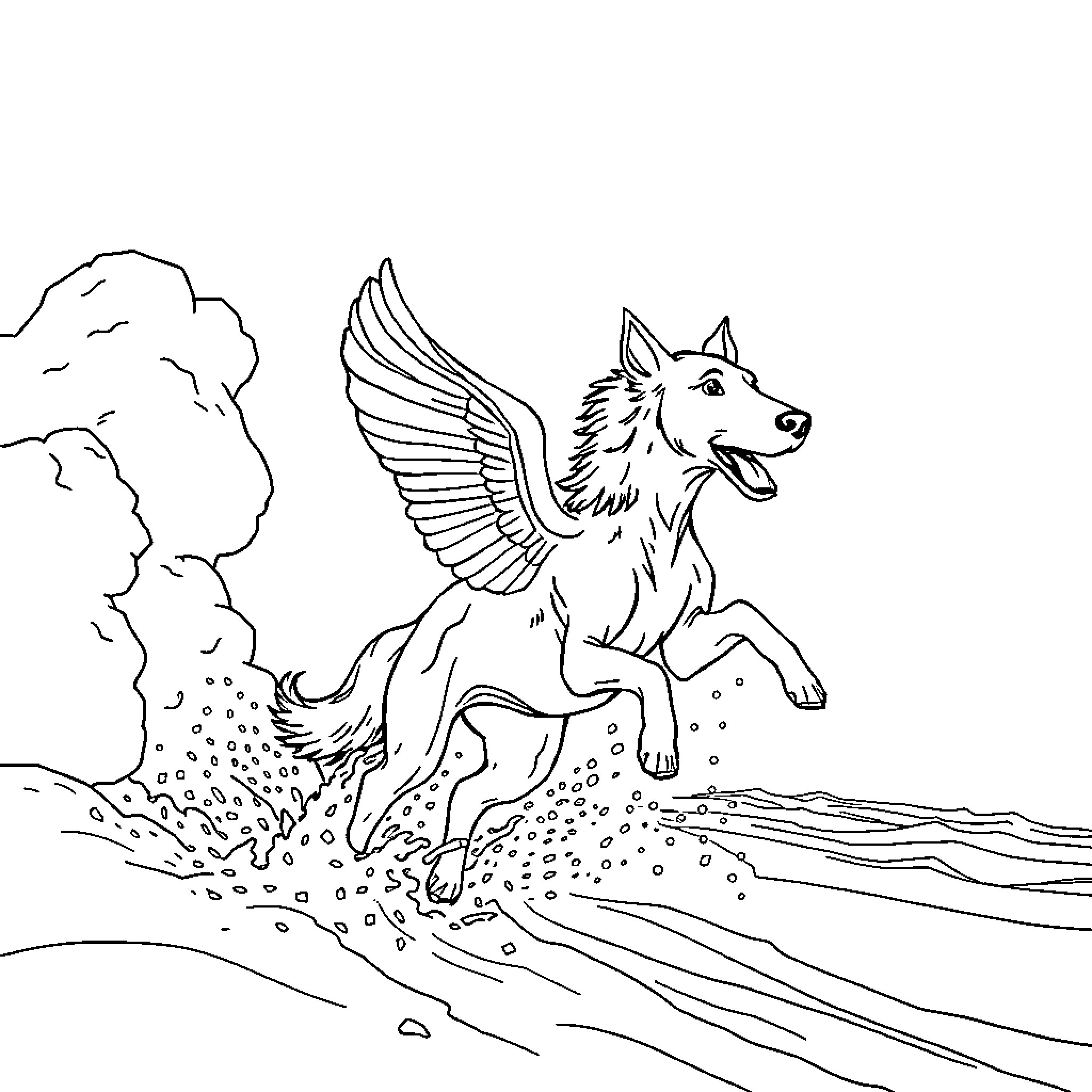 Hond with winged creature flying over landscape Coloring Page (free black-and-white line drawing printable PDF for all, from beginners to advanced learners, including children, teens, adults, and seniors)