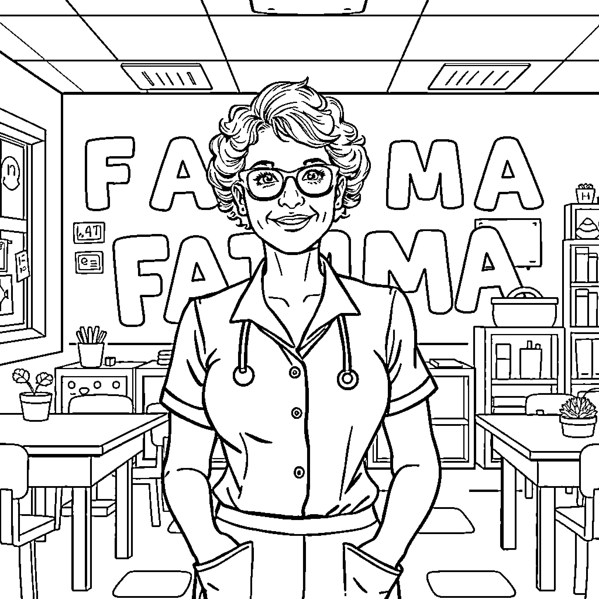 Teacher Smiling Cheerfully in Classroom with Decor Coloring Page (free black-and-white line drawing printable PDF for all, from beginners to advanced learners, including children, teens, adults, and seniors)