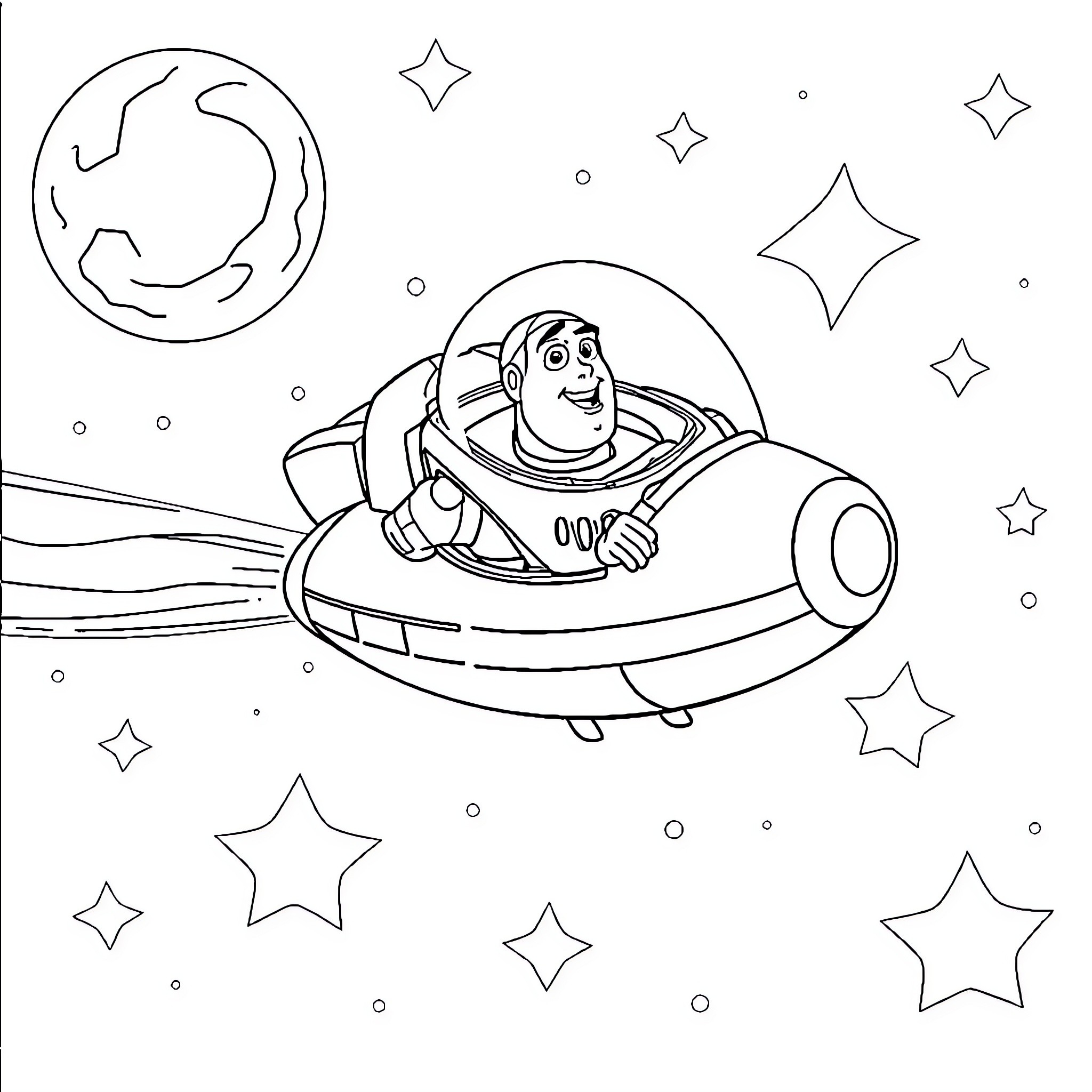 Buzz's Cosmic Adventure in a Futuristic Spacecraft Coloring Page (free black-and-white line drawing printable PDF for all, from beginners to advanced learners, including children, teens, adults, and seniors)