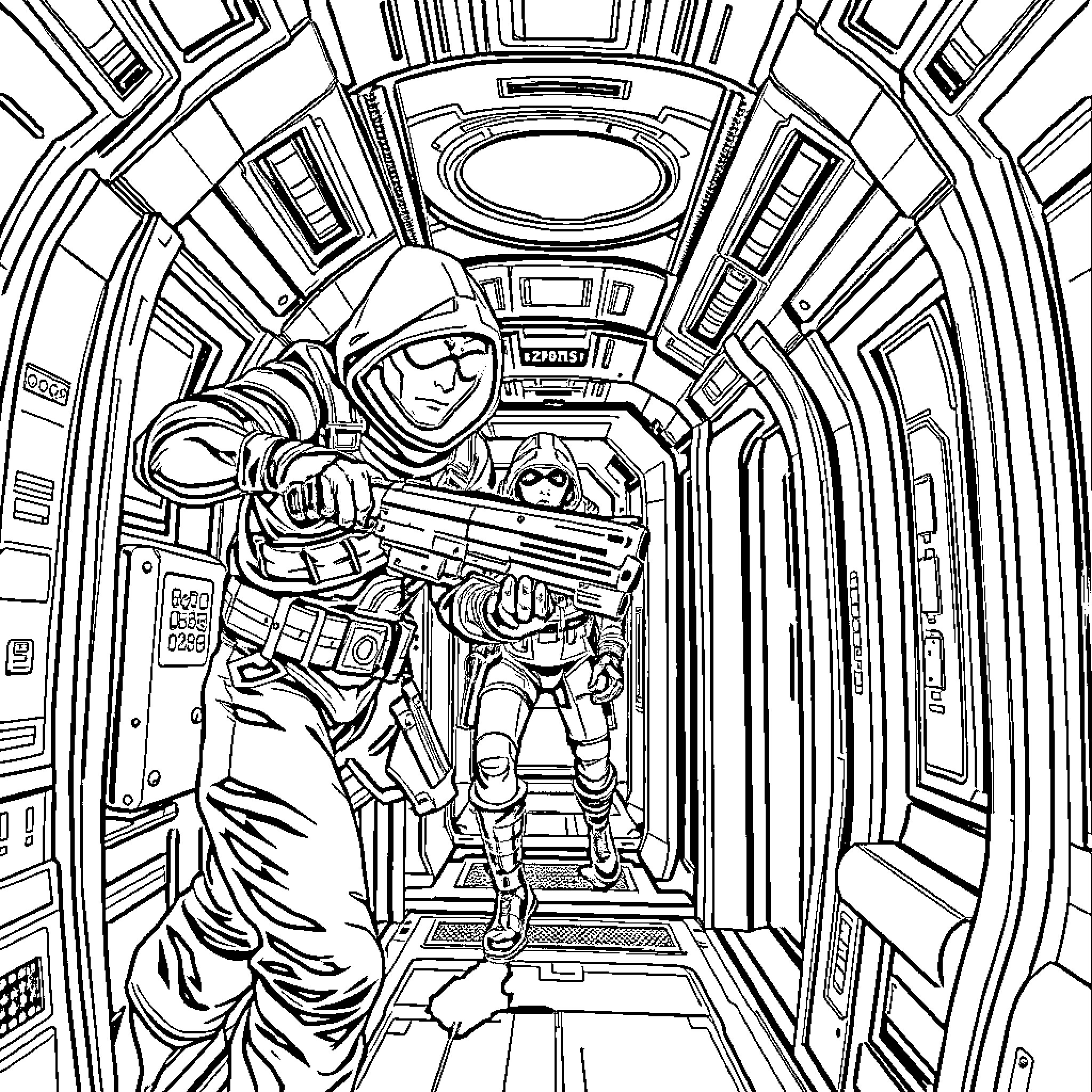 AmongUs Character in Space Exploration Gear Coloring Page (free black-and-white line drawing printable PDF for all, from beginners to advanced learners, including children, teens, adults, and seniors)