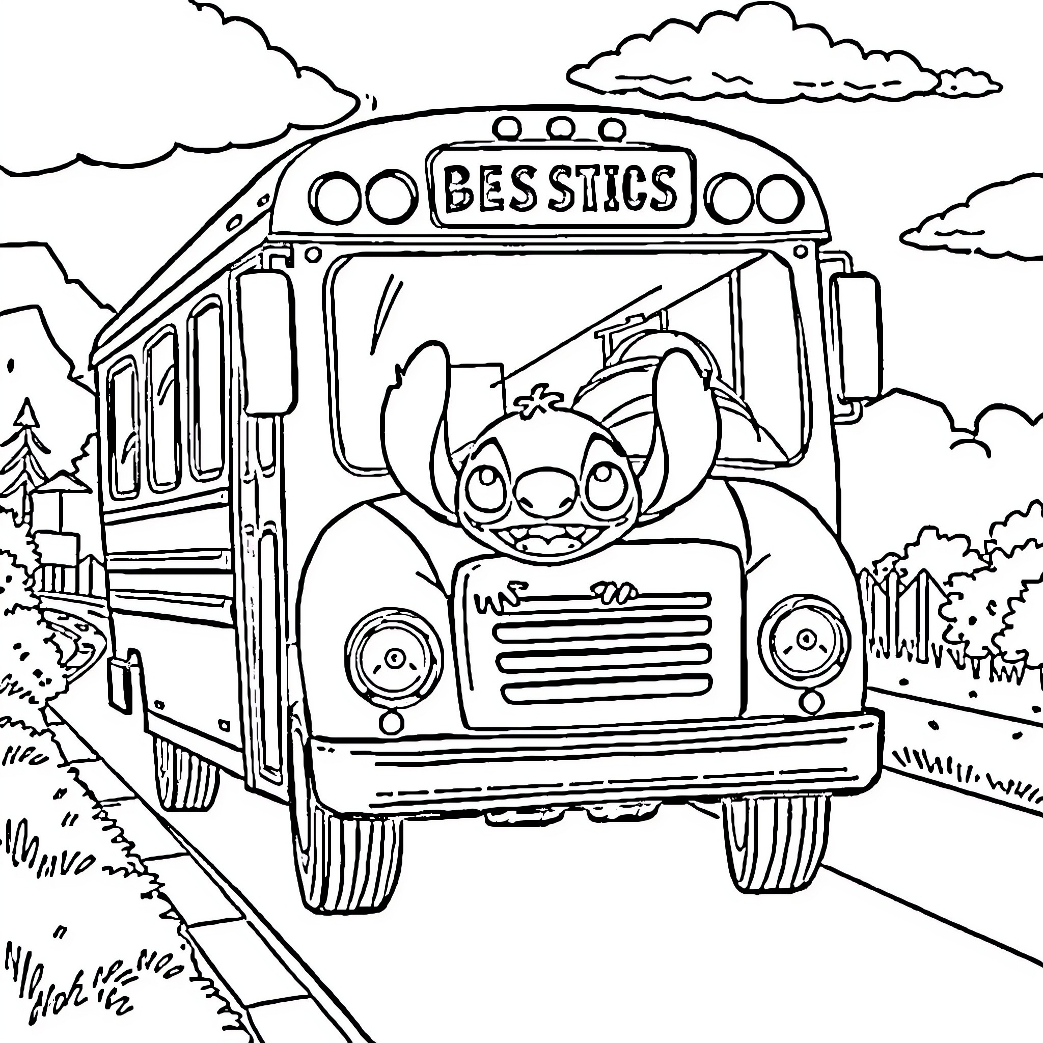 Stitch Riding the Besstics School Bus Coloring Page (free black-and-white line drawing printable PDF for all, from beginners to advanced learners, including children, teens, adults, and seniors)
