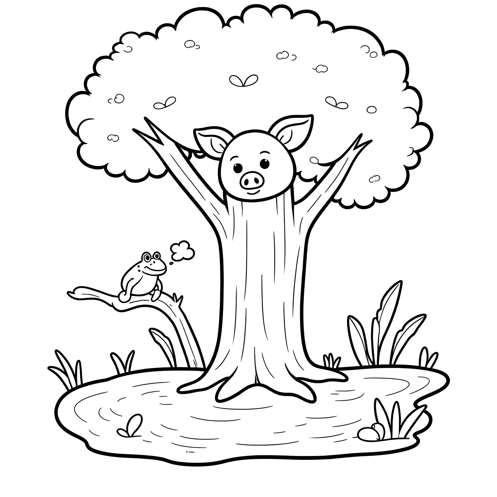 Pig joyfully playing in nature Coloring Page (free black-and-white line drawing printable PDF for all, from beginners to advanced learners, including children, teens, adults, and seniors)
