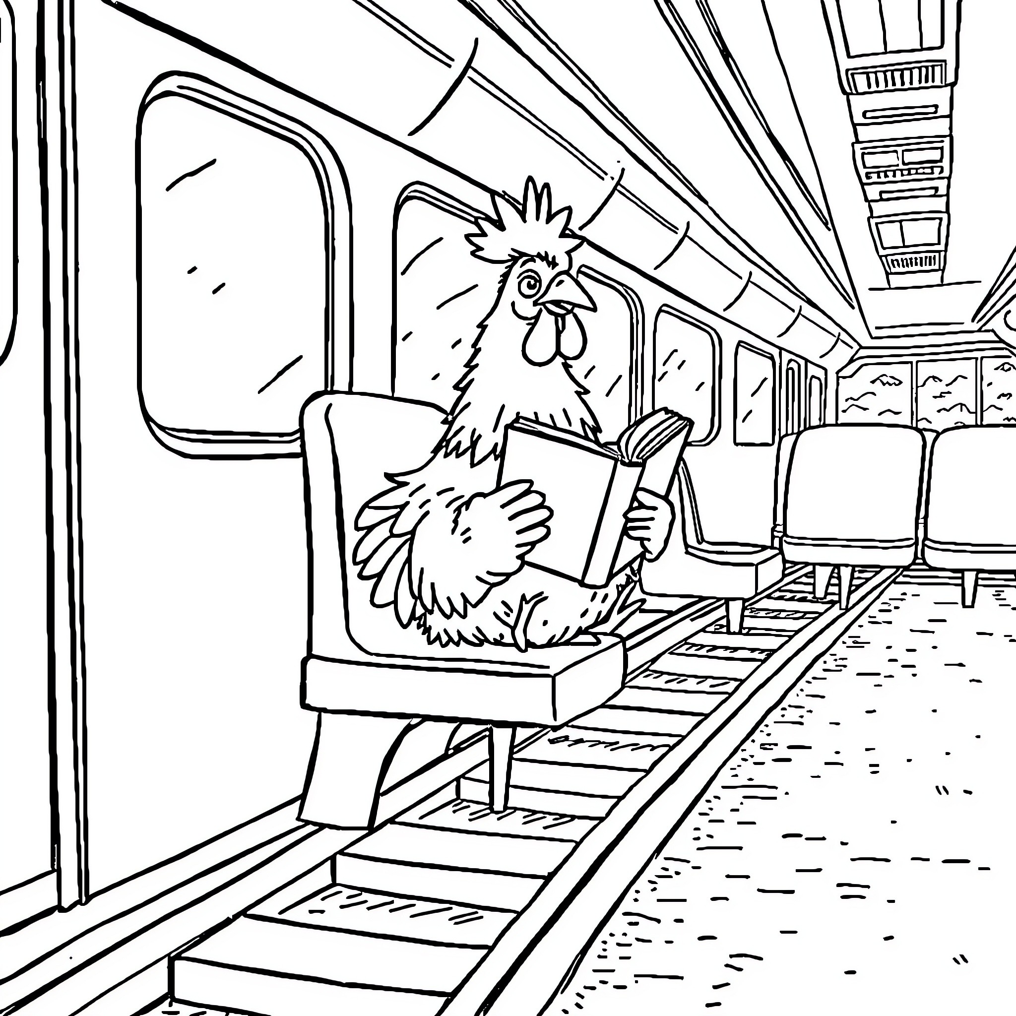 Chicken reading a book on a train Coloring Page (free black-and-white line drawing printable PDF for all, from beginners to advanced learners, including children, teens, adults, and seniors)