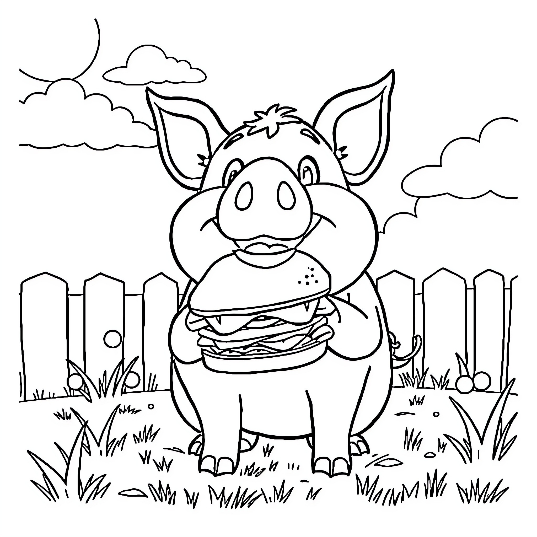 Pig enjoying a tasty burger outdoors Coloring Page (free black-and-white line drawing printable PDF for all, from beginners to advanced learners, including children, teens, adults, and seniors)