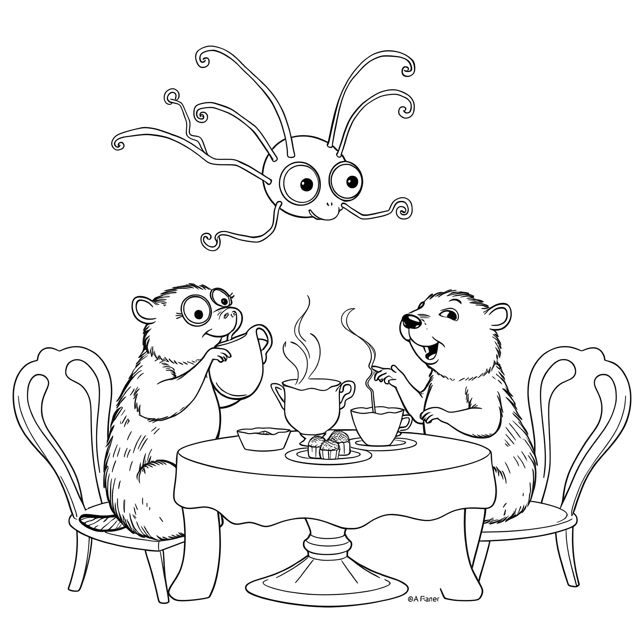 Beholder's Curious Gathering Coloring Page (free black-and-white line drawing printable PDF for all, from beginners to advanced learners, including children, teens, adults, and seniors)