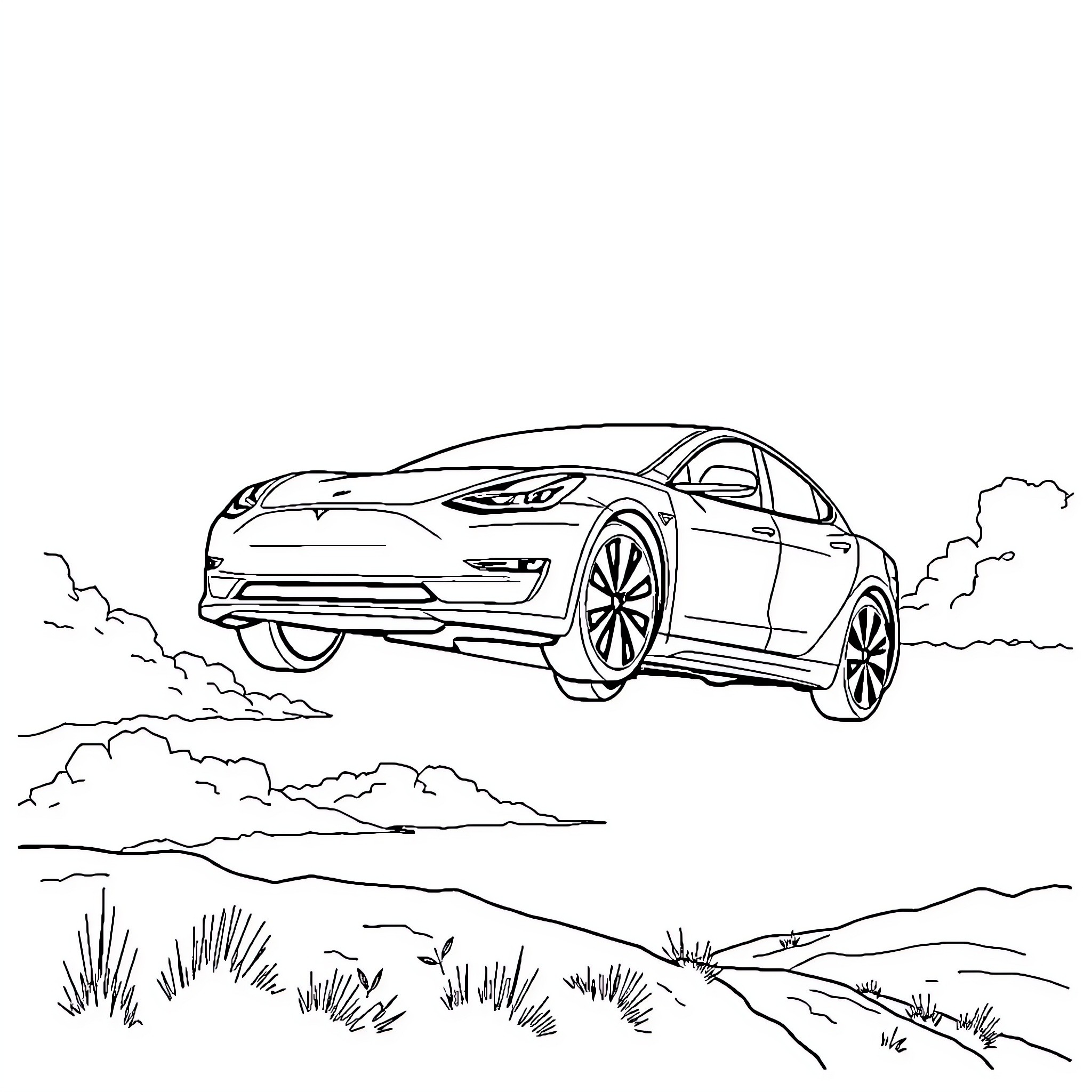 Tesla Model X driving on a scenic road Coloring Page (free black-and-white line drawing printable PDF for all, from beginners to advanced learners, including children, teens, adults, and seniors)
