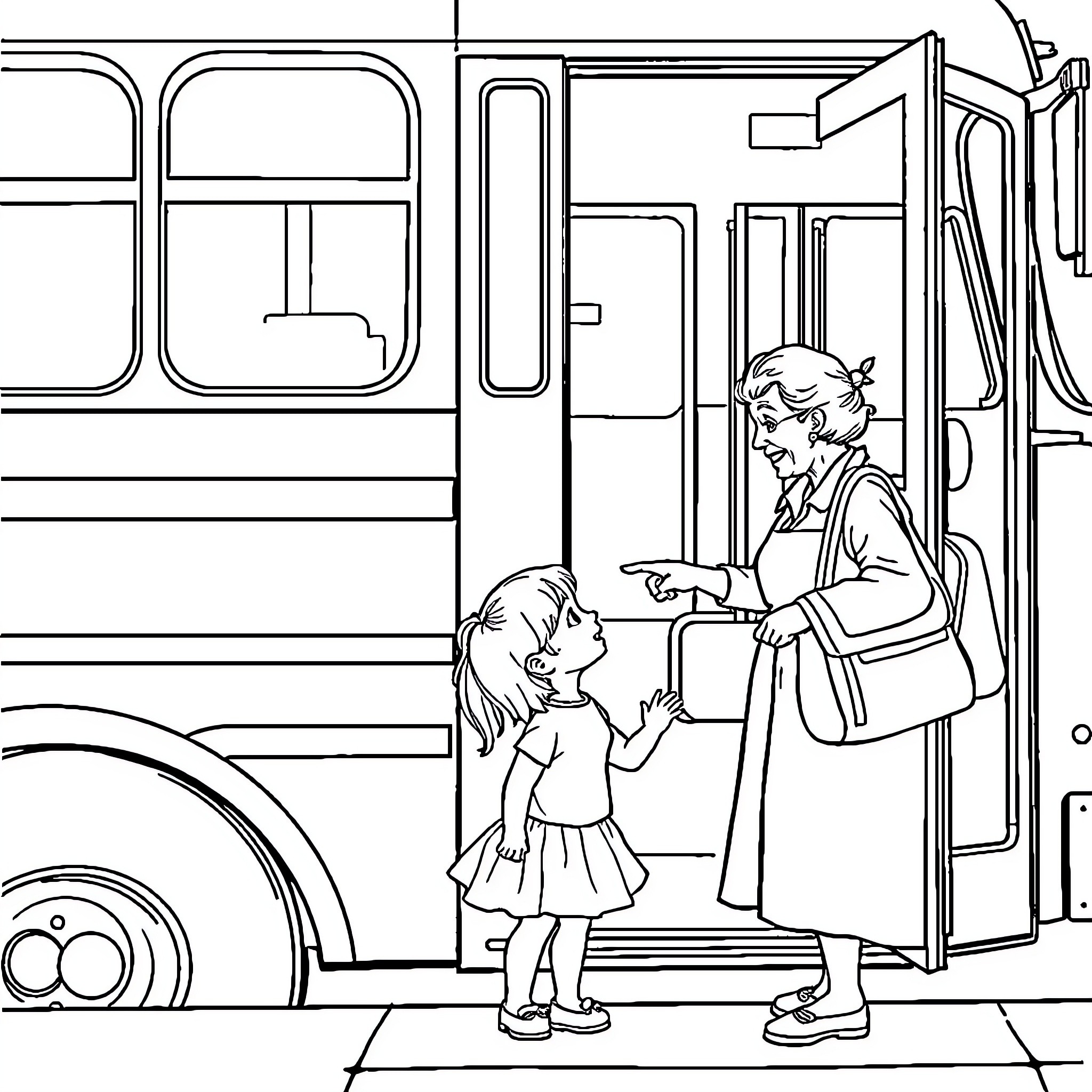 Bus Driver Assisting Young Passenger Coloring Page (free black-and-white line drawing printable PDF for all, from beginners to advanced learners, including children, teens, adults, and seniors)