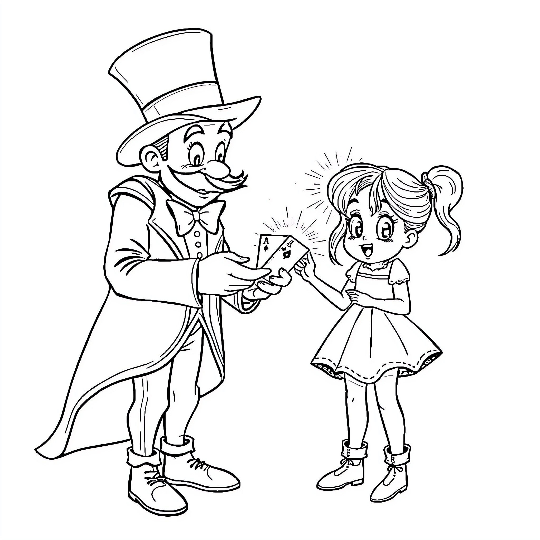 Magician performing magic trick for delighted girl Coloring Page (free black-and-white line drawing printable PDF for all, from beginners to advanced learners, including children, teens, adults, and seniors)
