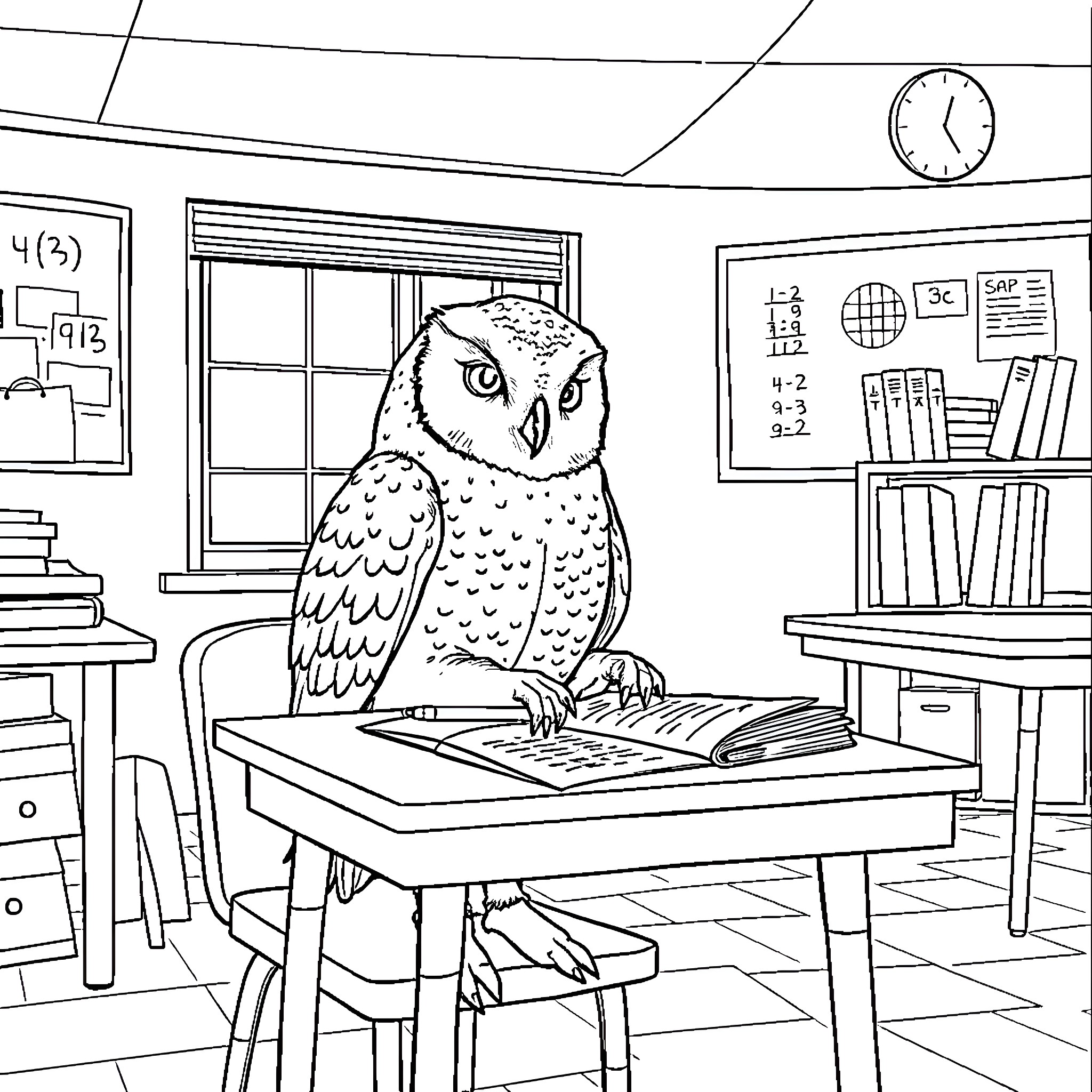 Owl studying diligently in the classroom Coloring Page (free black-and-white line drawing printable PDF for all, from beginners to advanced learners, including children, teens, adults, and seniors)