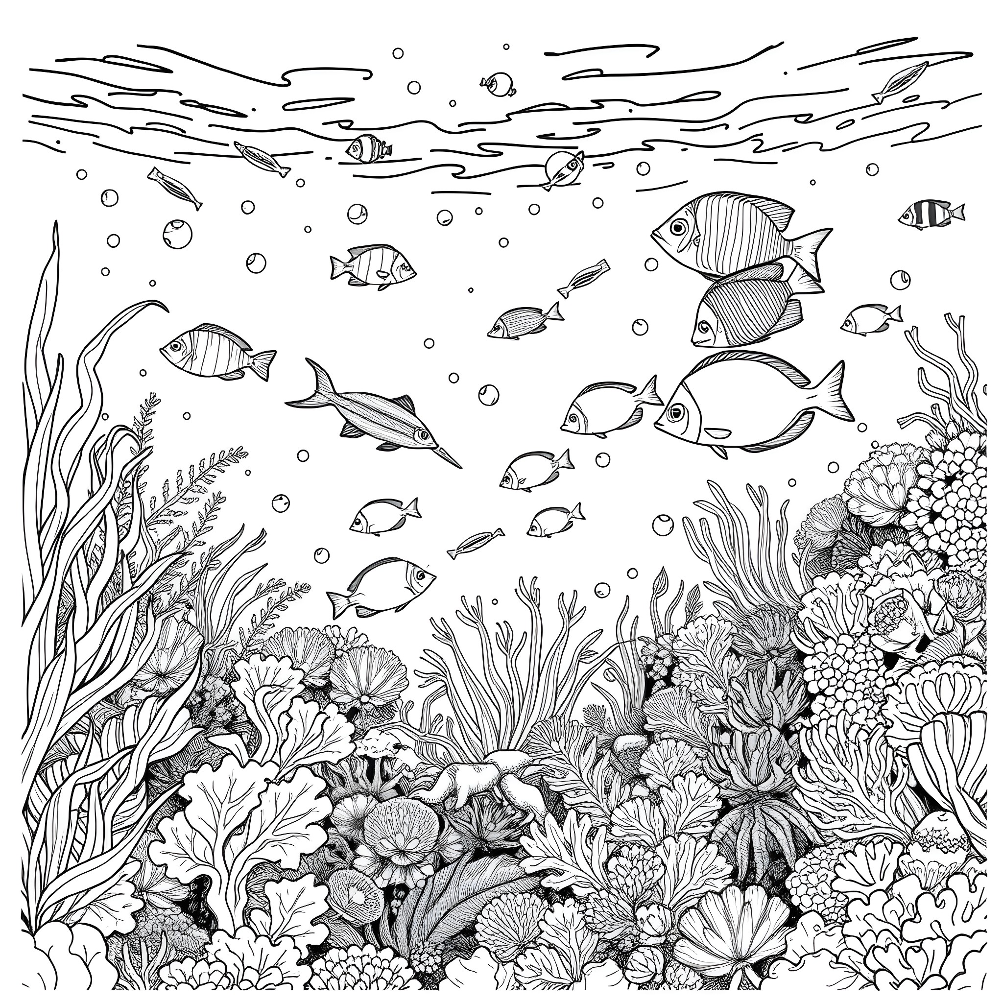 Fish swimming joyfully among vibrant coral reef Coloring Page (free black-and-white line drawing printable PDF for all, from beginners to advanced learners, including children, teens, adults, and seniors)