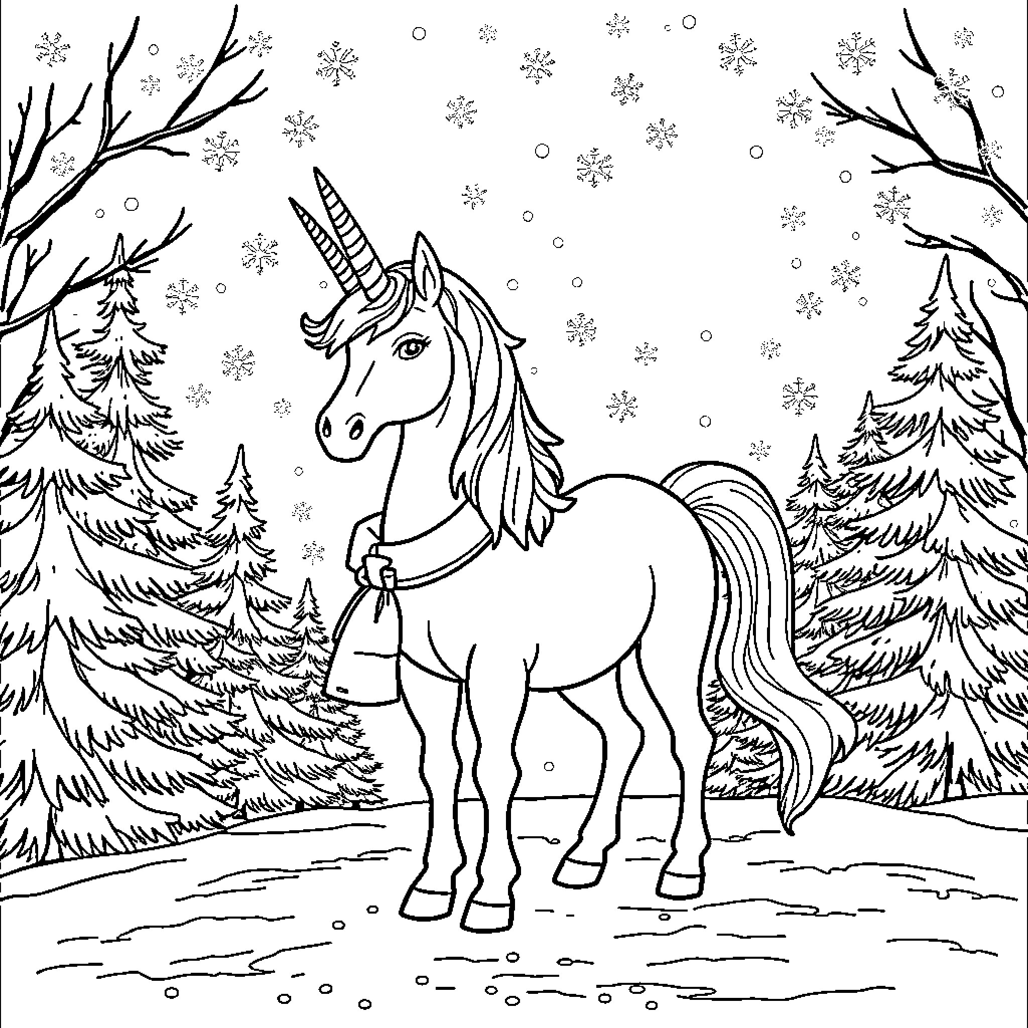 Unicorn enjoying a snowy winter wonderland Coloring Page (free black-and-white line drawing printable PDF for all, from beginners to advanced learners, including children, teens, adults, and seniors)