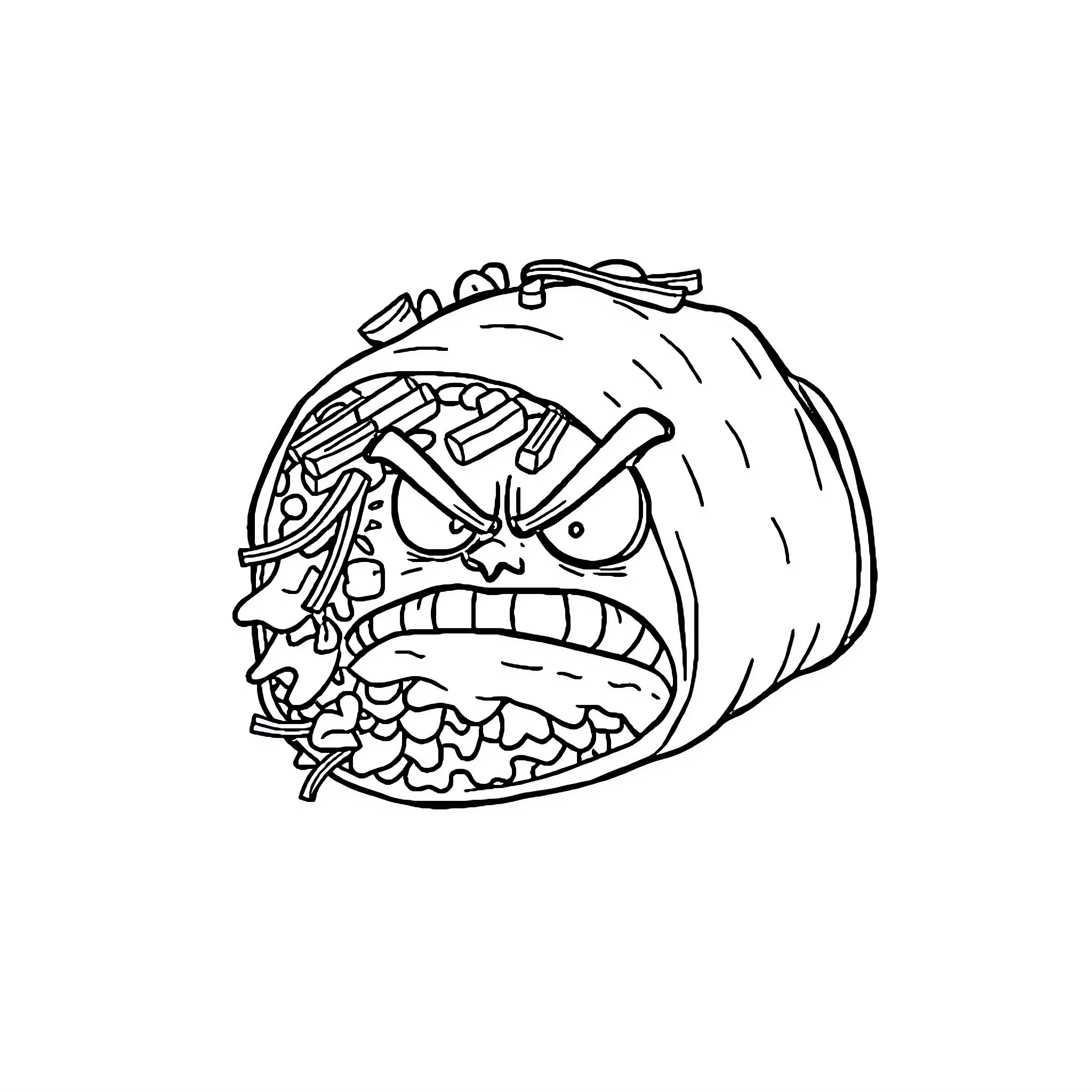Burrito monster attacking angrily Coloring Page (free black-and-white line drawing printable PDF for all, from beginners to advanced learners, including children, teens, adults, and seniors)