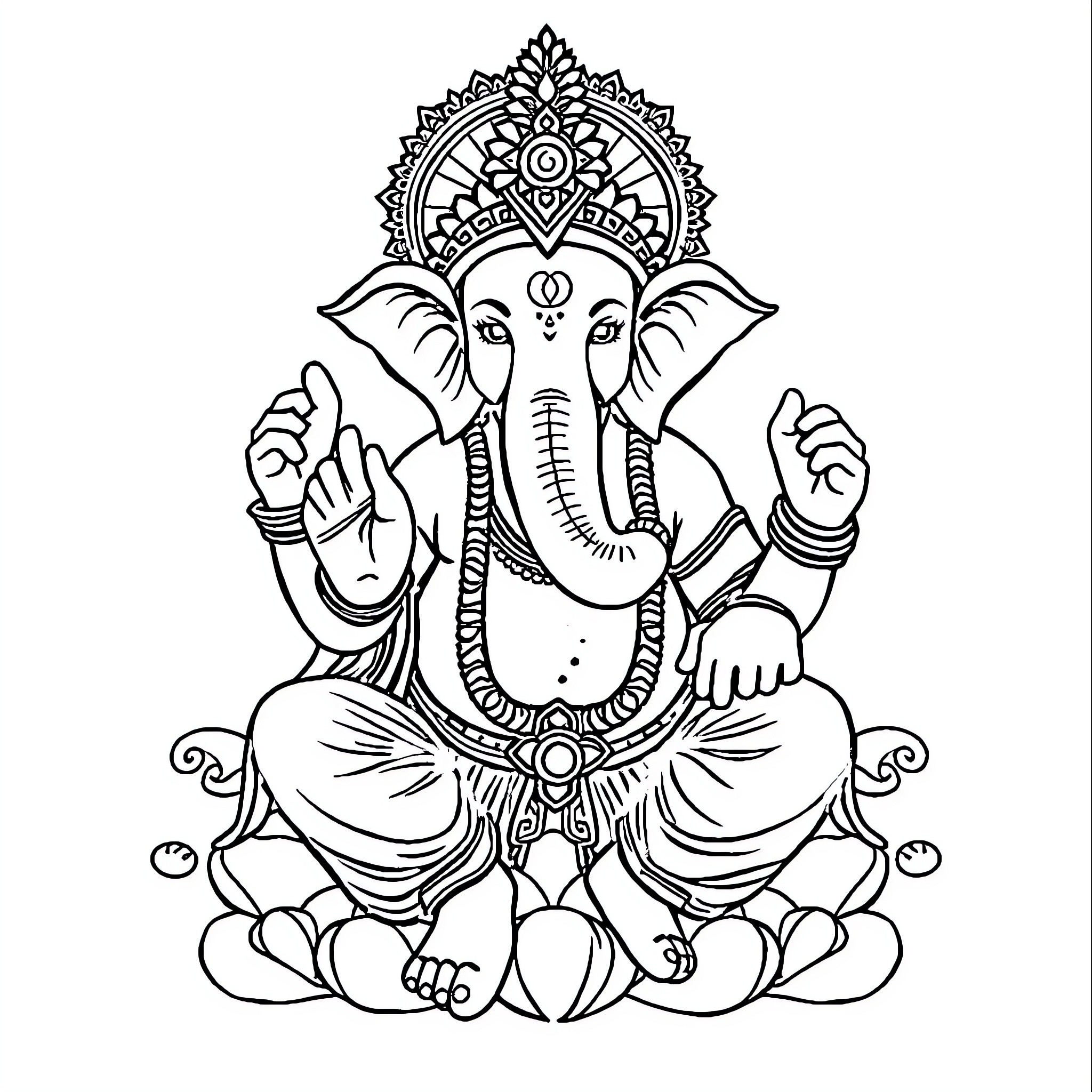 Ganesh seated in meditative pose Coloring Page (free black-and-white line drawing printable PDF for all, from beginners to advanced learners, including children, teens, adults, and seniors)