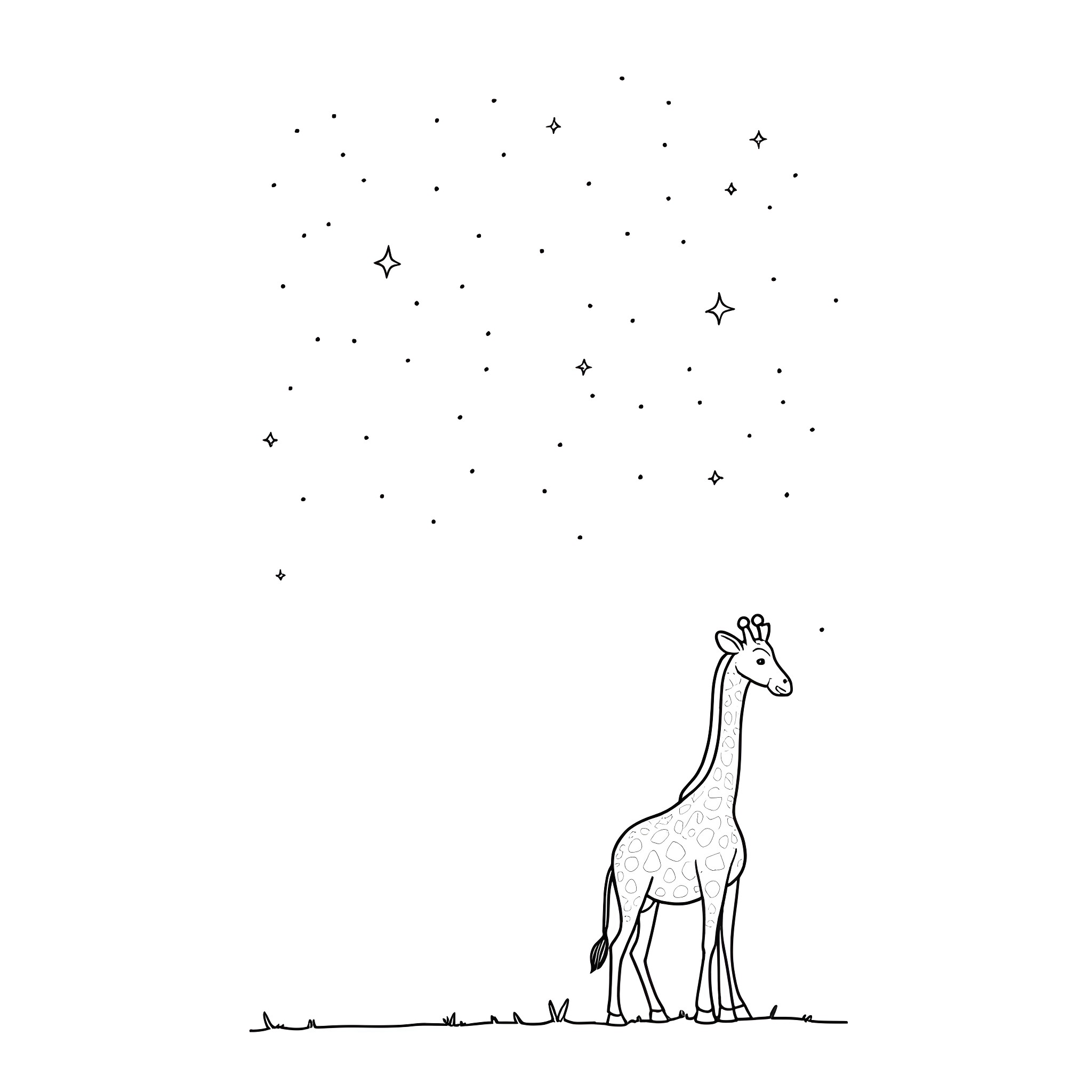 Giraffe gazing at the starry night sky Coloring Page (free black-and-white line drawing printable PDF for all, from beginners to advanced learners, including children, teens, adults, and seniors)
