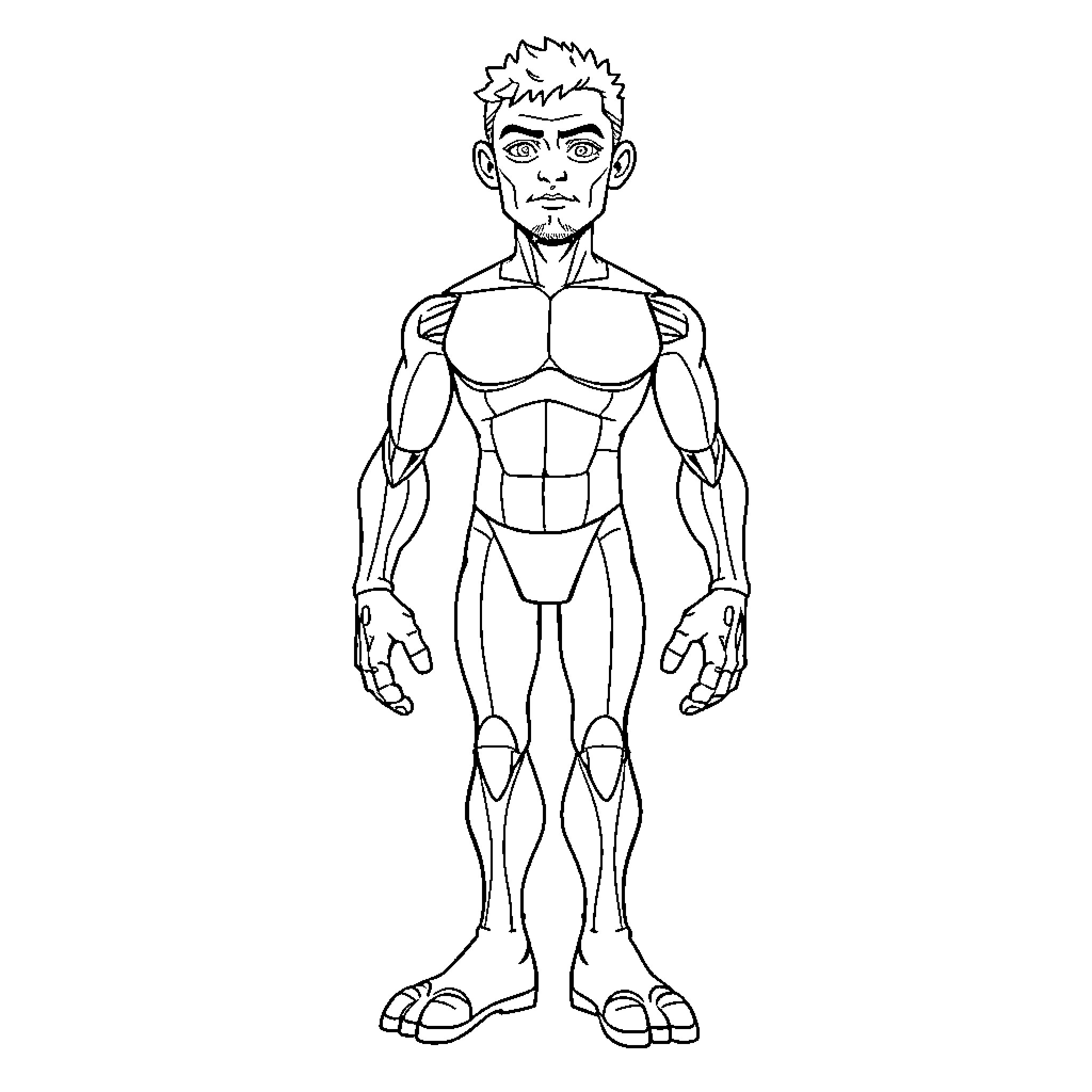 Humanoid figure with muscular build and determined expression Coloring Page (free black-and-white line drawing printable PDF for all, from beginners to advanced learners, including children, teens, adults, and seniors)