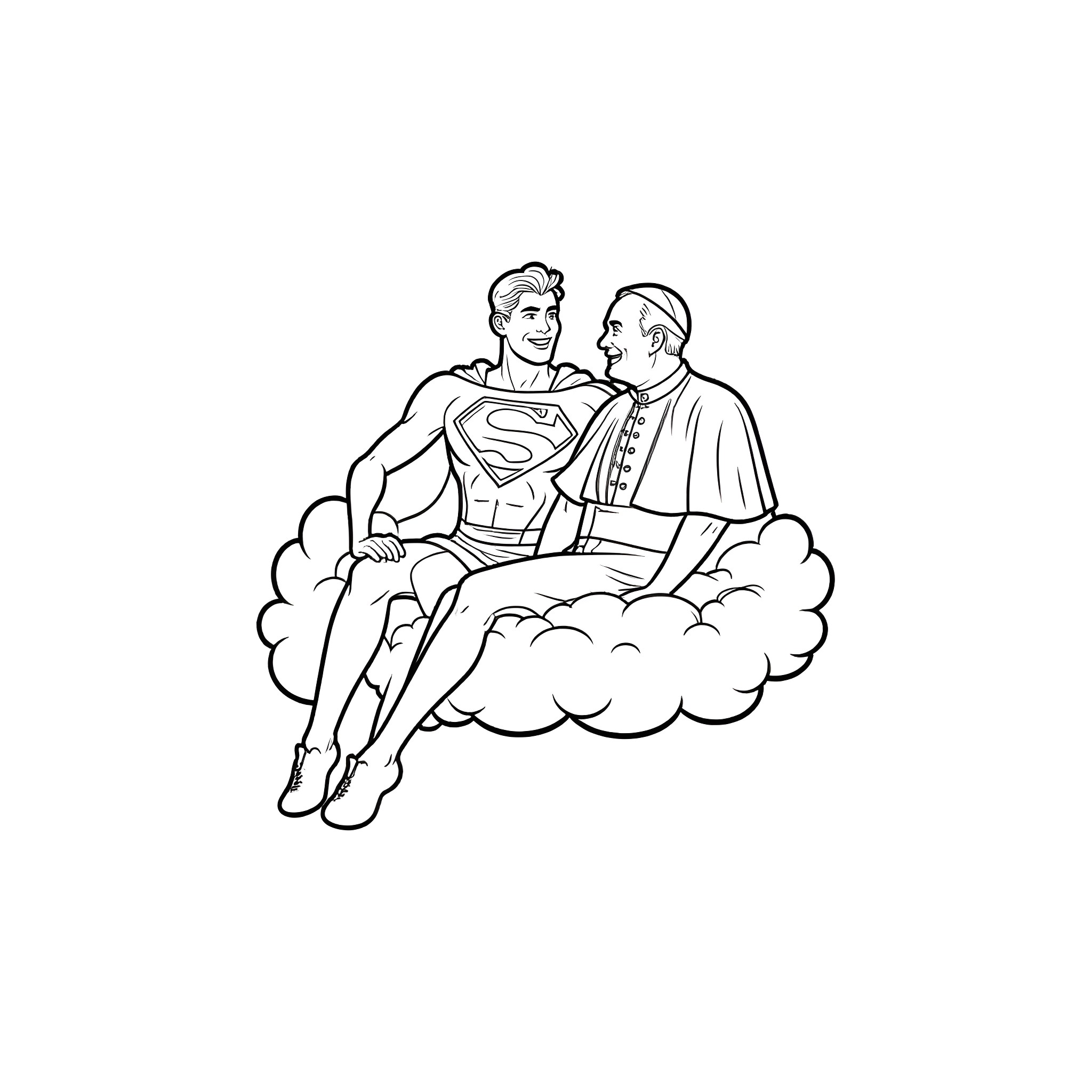 Superman and the Pope sitting on a cloud Coloring Page (free black-and-white line drawing printable PDF for all, from beginners to advanced learners, including children, teens, adults, and seniors)