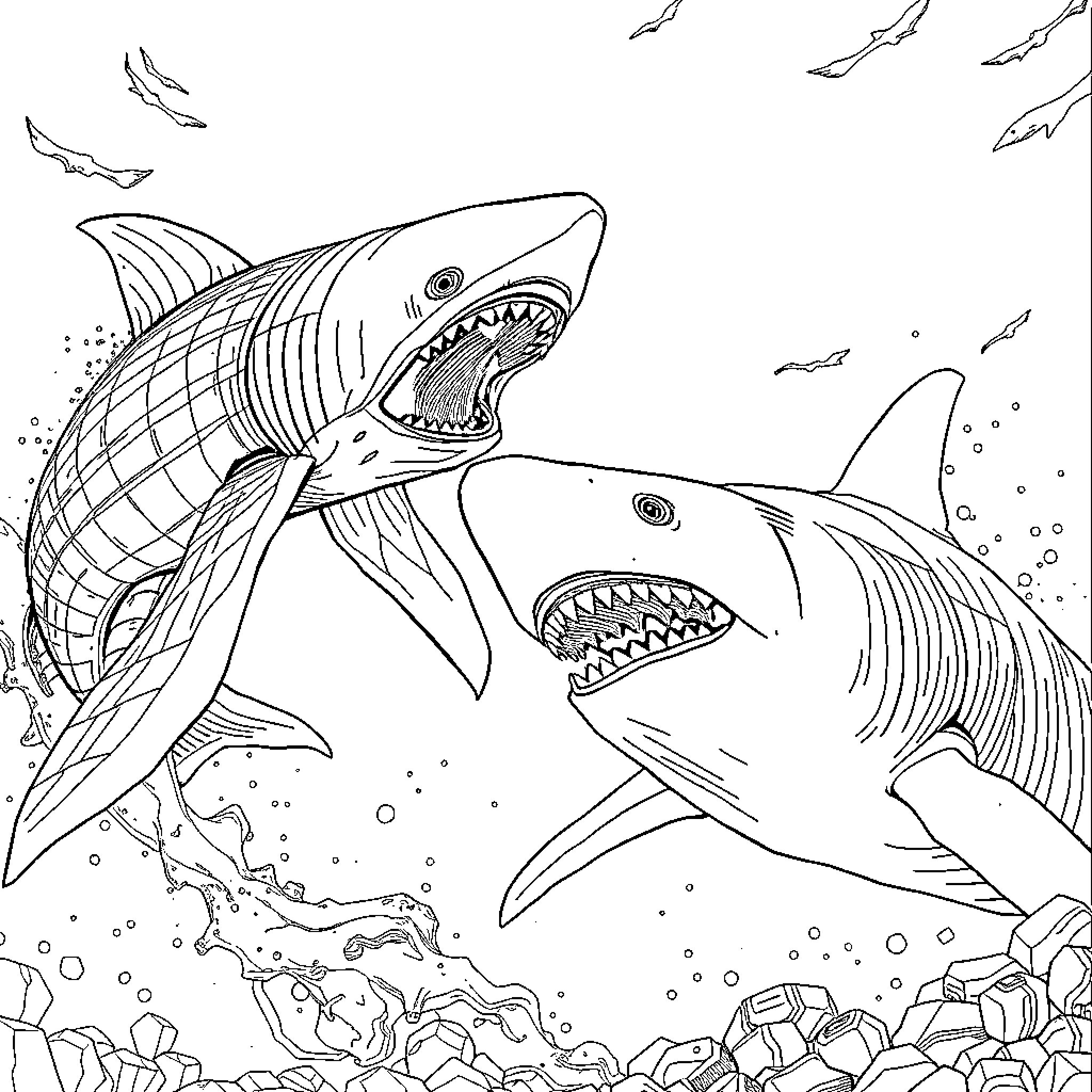 Dunkleosteus hunting and attacking sharks in the ocean Coloring Page (free black-and-white line drawing printable PDF for all, from beginners to advanced learners, including children, teens, adults, and seniors)