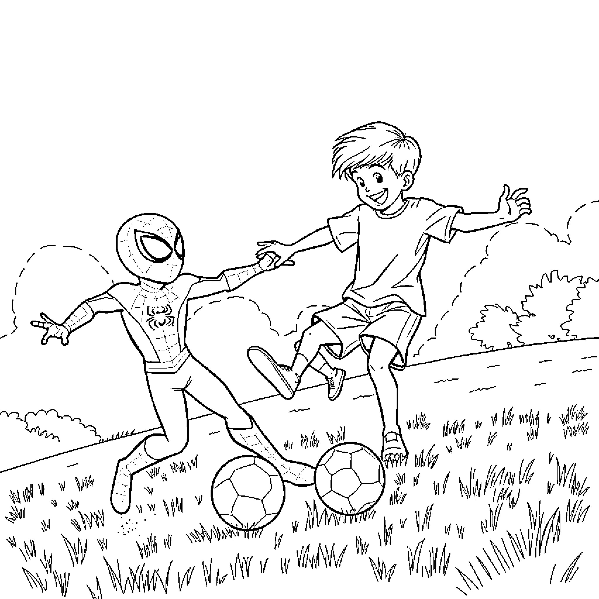 Spiderman plays soccer with young boy in park Coloring Page (free black-and-white line drawing printable PDF for all, from beginners to advanced learners, including children, teens, adults, and seniors)