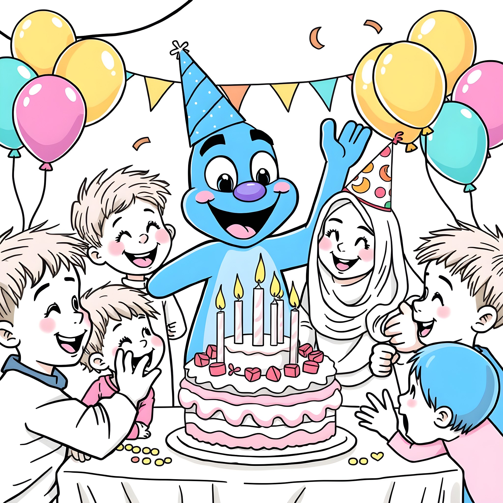Bluey's Festive Birthday Celebration Coloring Page (free black-and-white line drawing printable PDF for all, from beginners to advanced learners, including children, teens, adults, and seniors)