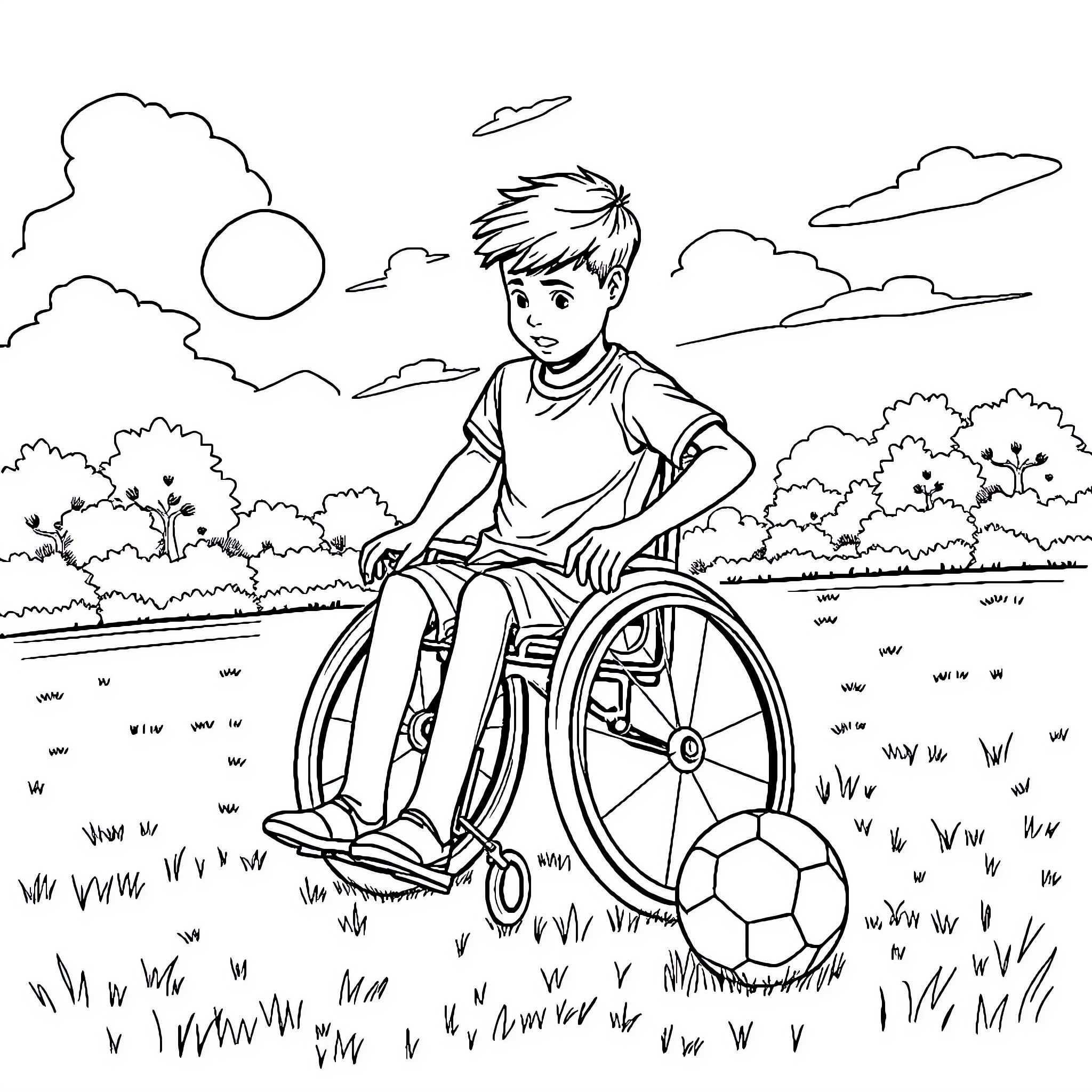 Boy playing with soccer ball in wheelchair outdoors Coloring Page (free black-and-white line drawing printable PDF for all, from beginners to advanced learners, including children, teens, adults, and seniors)
