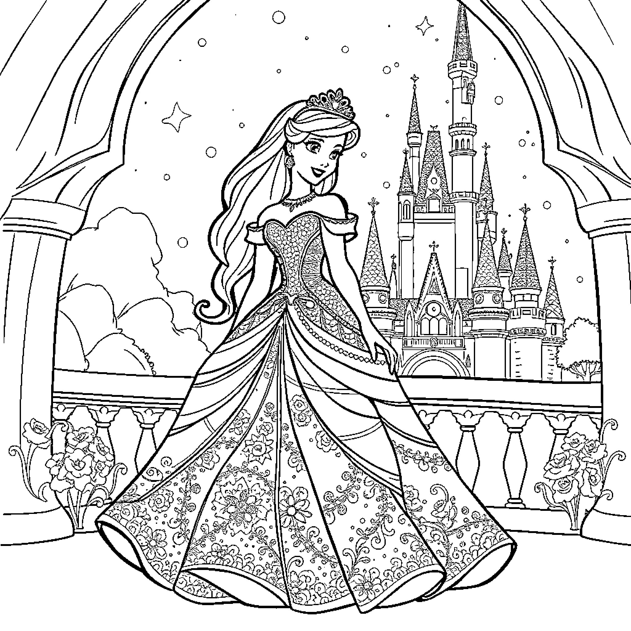Disney Princess enjoying a magical castle scene Coloring Page (free black-and-white line drawing printable PDF for all, from beginners to advanced learners, including children, teens, adults, and seniors)