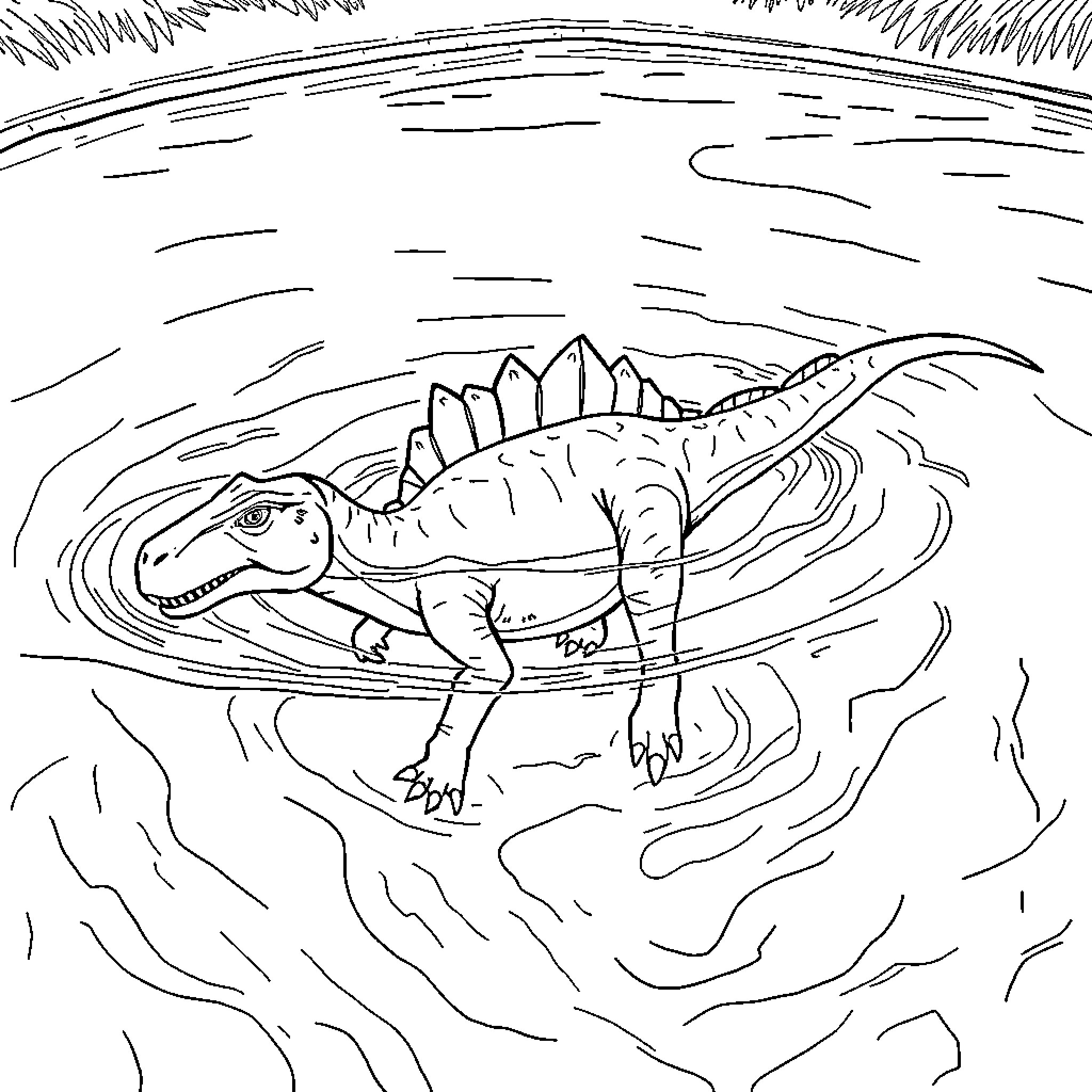 Dinosaur swimming in a prehistoric pond Coloring Page (free black-and-white line drawing printable PDF for all, from beginners to advanced learners, including children, teens, adults, and seniors)