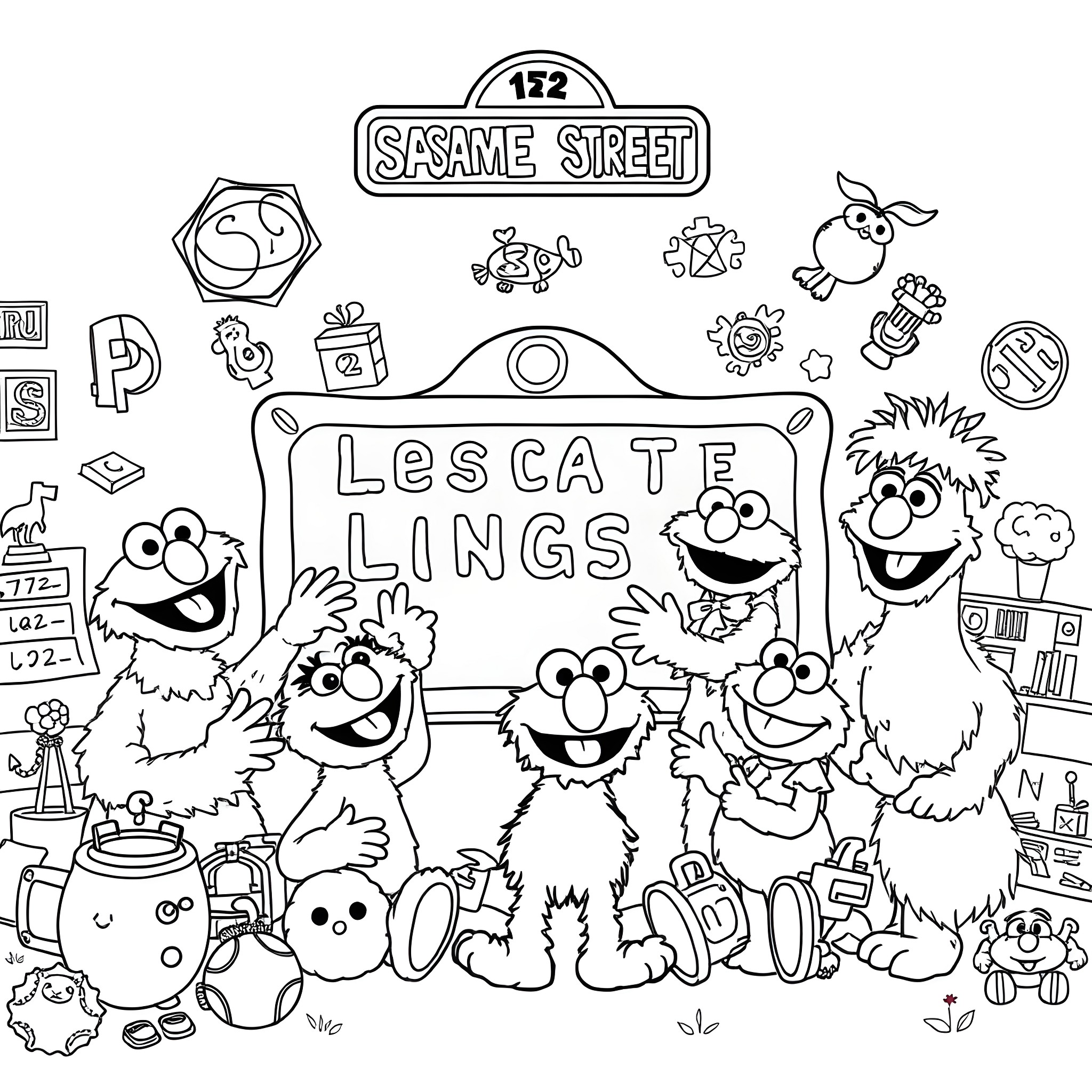 Sesame Street Characters Gathering for a Lively Adventure Coloring Page (free black-and-white line drawing printable PDF for all, from beginners to advanced learners, including children, teens, adults, and seniors)