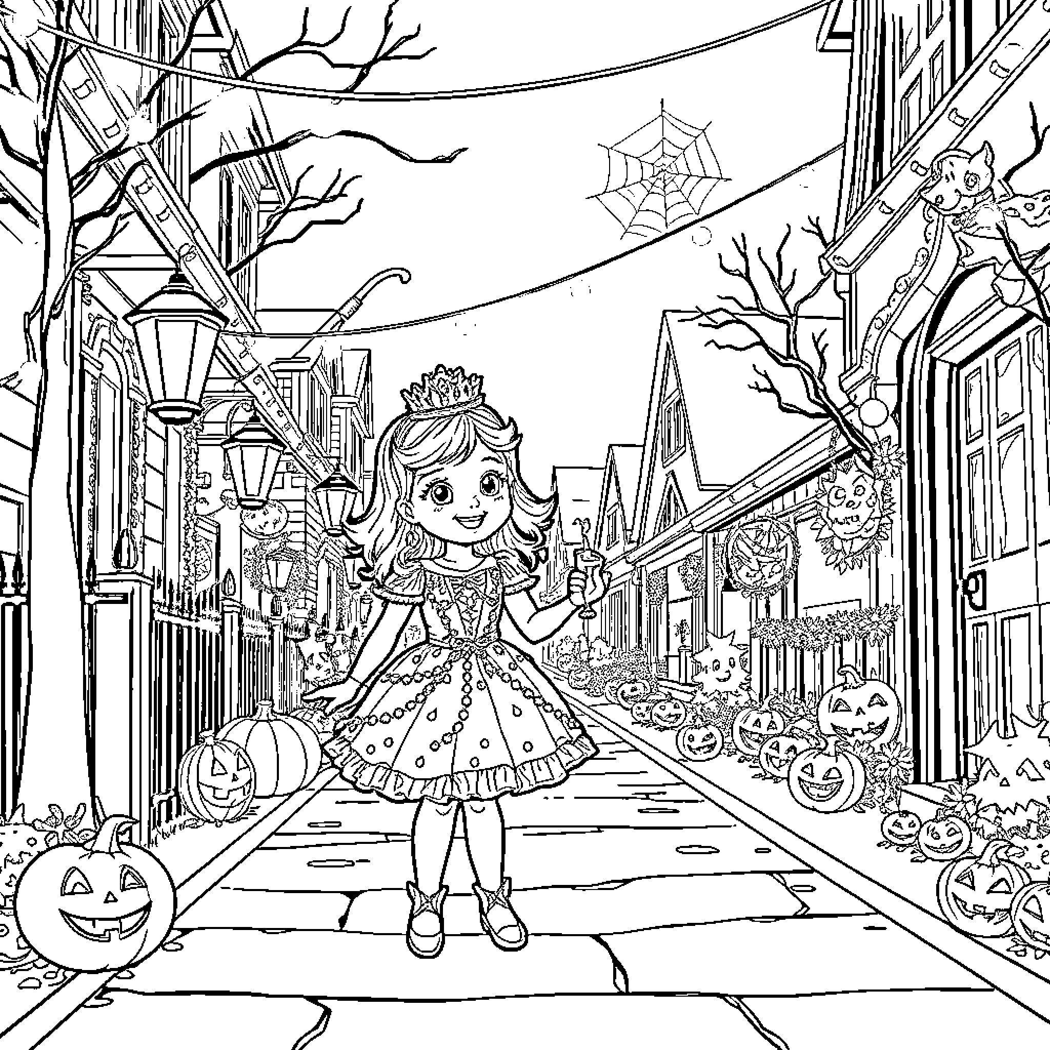 Princess Trick-or-Treating on Halloween Night Coloring Page (free black-and-white line drawing printable PDF for all, from beginners to advanced learners, including children, teens, adults, and seniors)