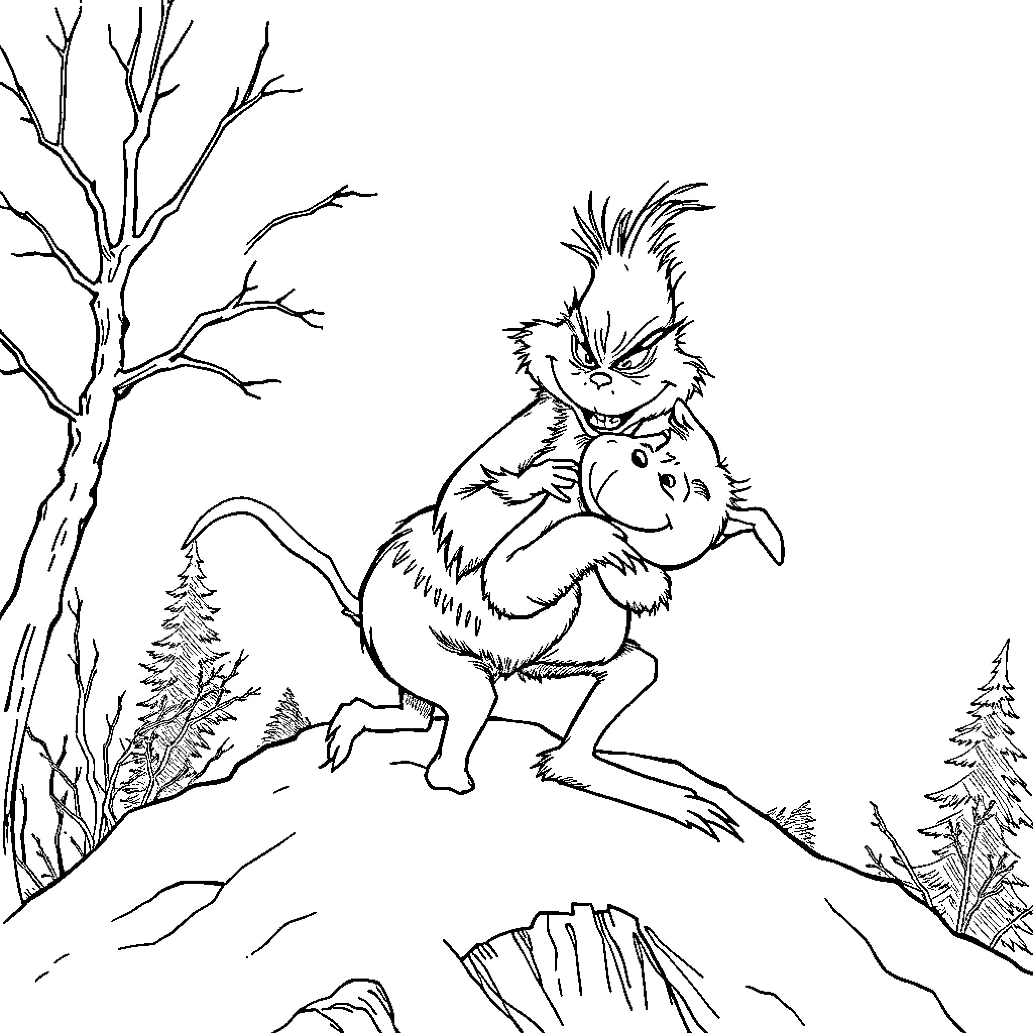 Grinch grinning mischievously in winter landscape Coloring Page (free black-and-white line drawing printable PDF for all, from beginners to advanced learners, including children, teens, adults, and seniors)