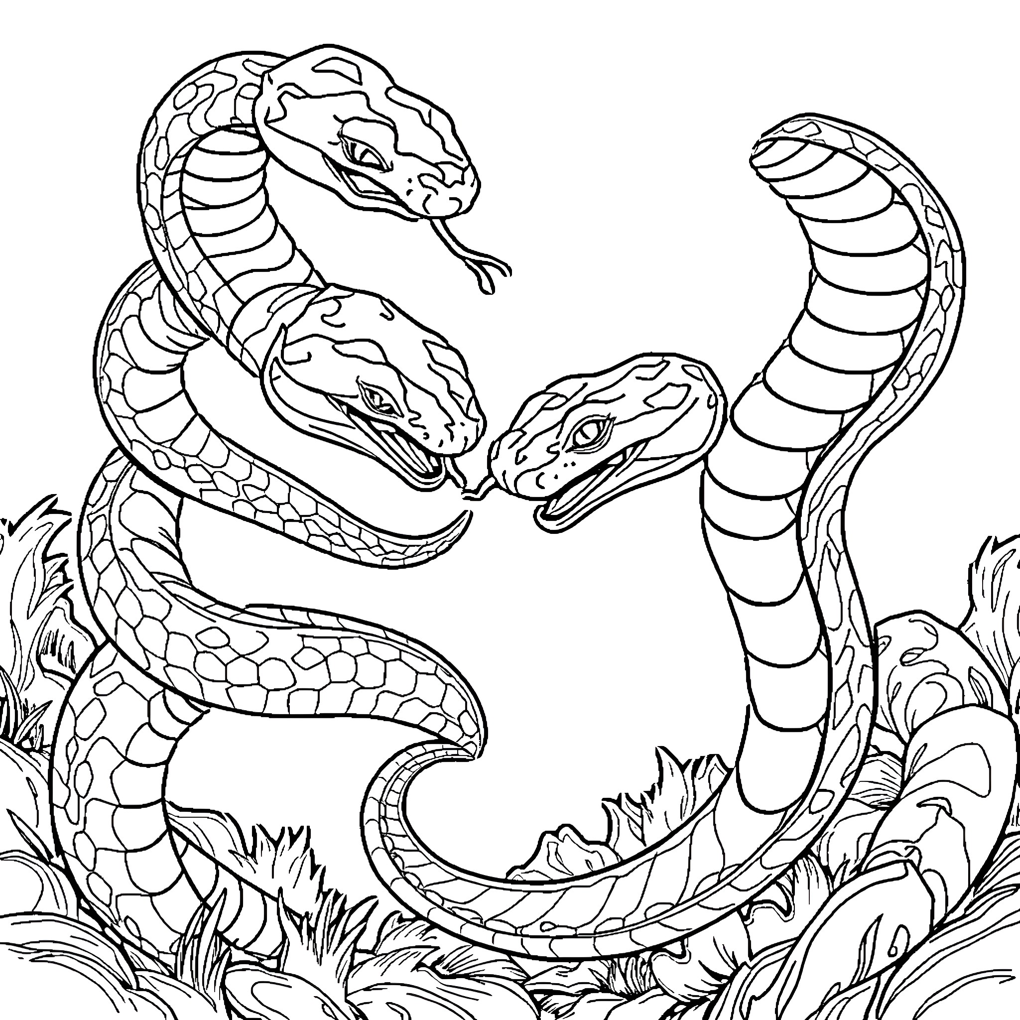 Snake Intertwined in Lush Foliage Coloring Page (free black-and-white line drawing printable PDF for all, from beginners to advanced learners, including children, teens, adults, and seniors)