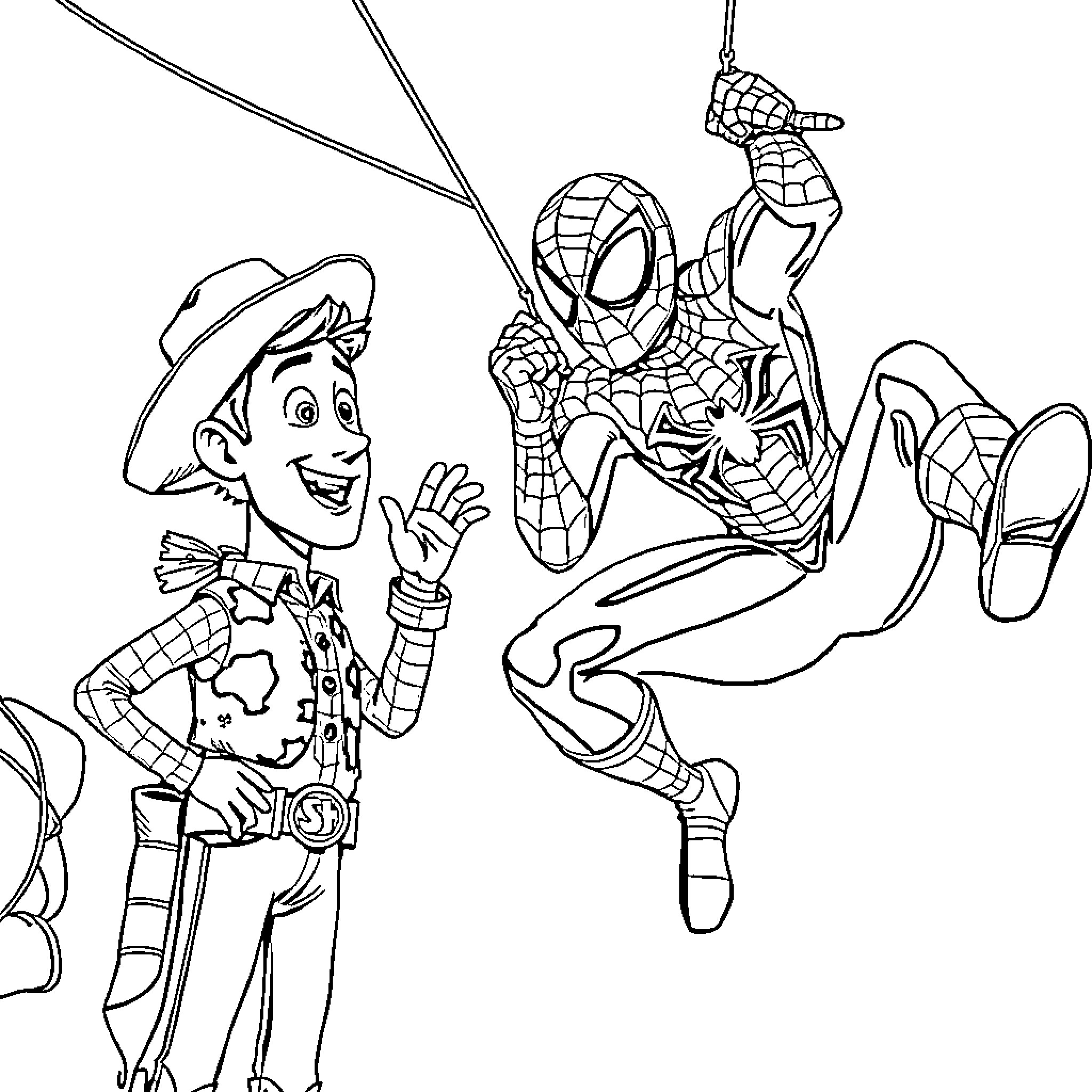 Spiderman and Woody's Adventurous Encounter Coloring Page (free black-and-white line drawing printable PDF for all, from beginners to advanced learners, including children, teens, adults, and seniors)