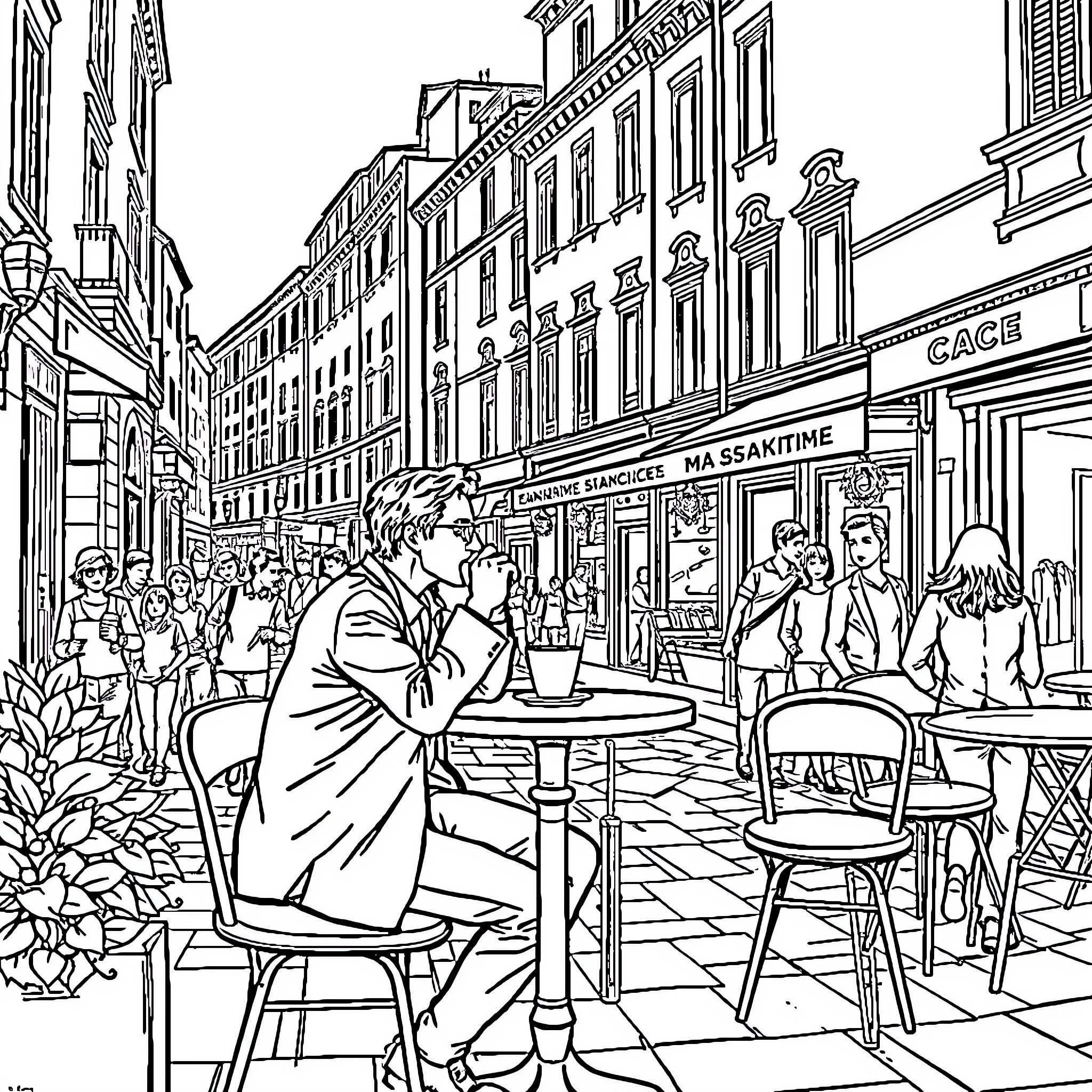 Man sitting alone at a cafe in a crowded city street Coloring Page (free black-and-white line drawing printable PDF for all, from beginners to advanced learners, including children, teens, adults, and seniors)