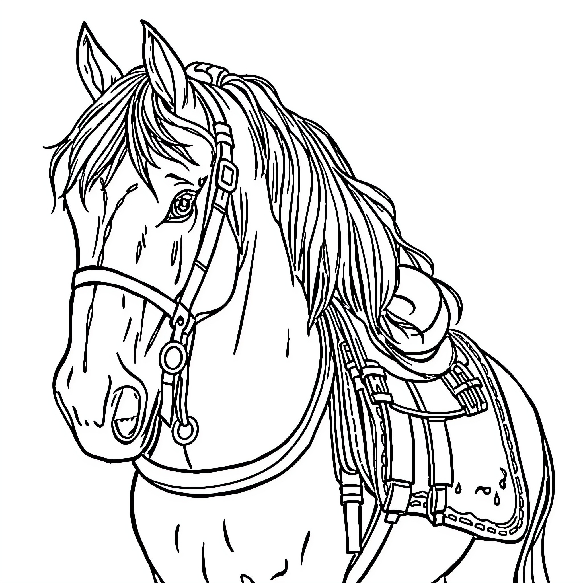 Horse with elaborate harness and saddle Coloring Page (free black-and-white line drawing printable PDF for all, from beginners to advanced learners, including children, teens, adults, and seniors)