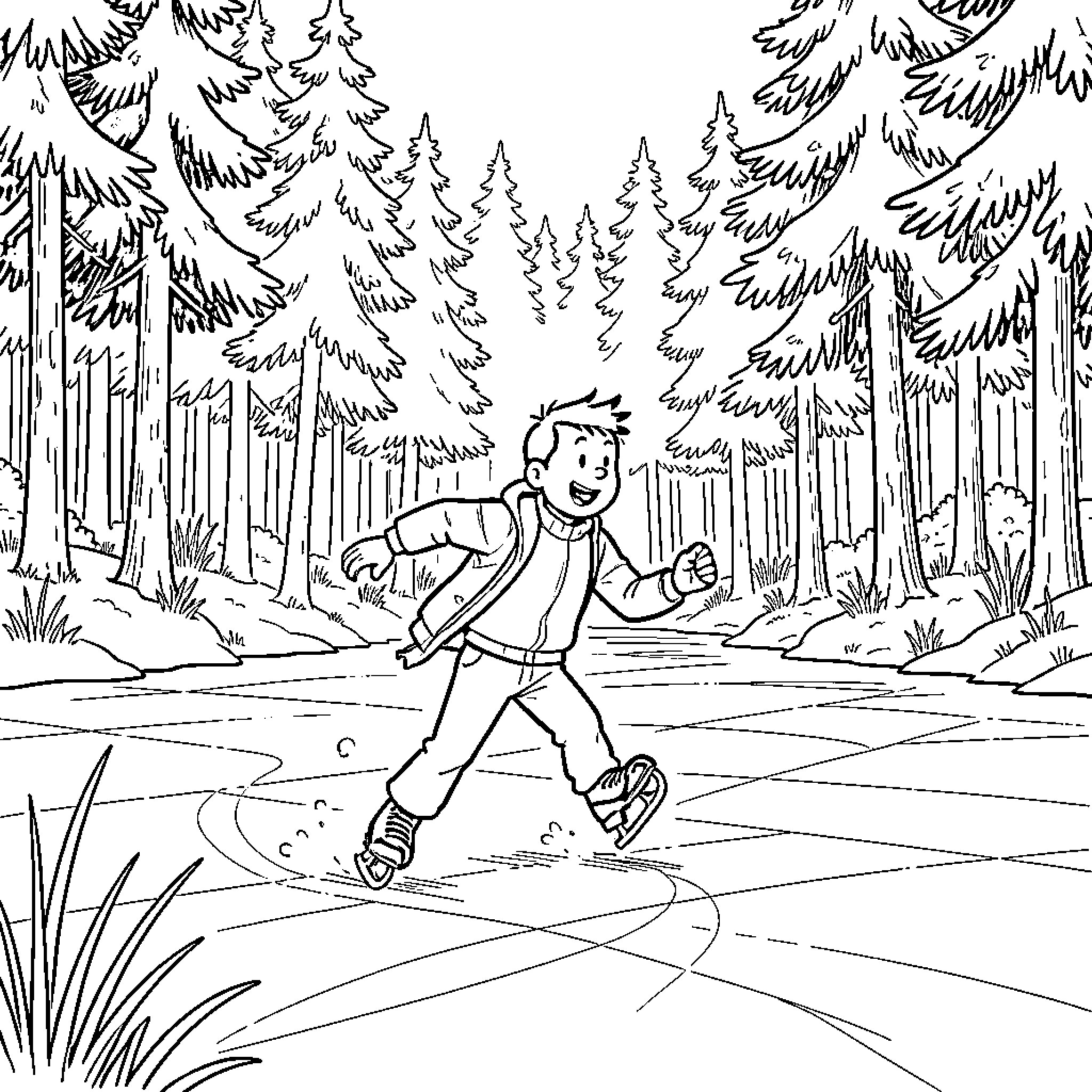 Tintin ice skating joyfully on a frozen lake Coloring Page (free black-and-white line drawing printable PDF for all, from beginners to advanced learners, including children, teens, adults, and seniors)