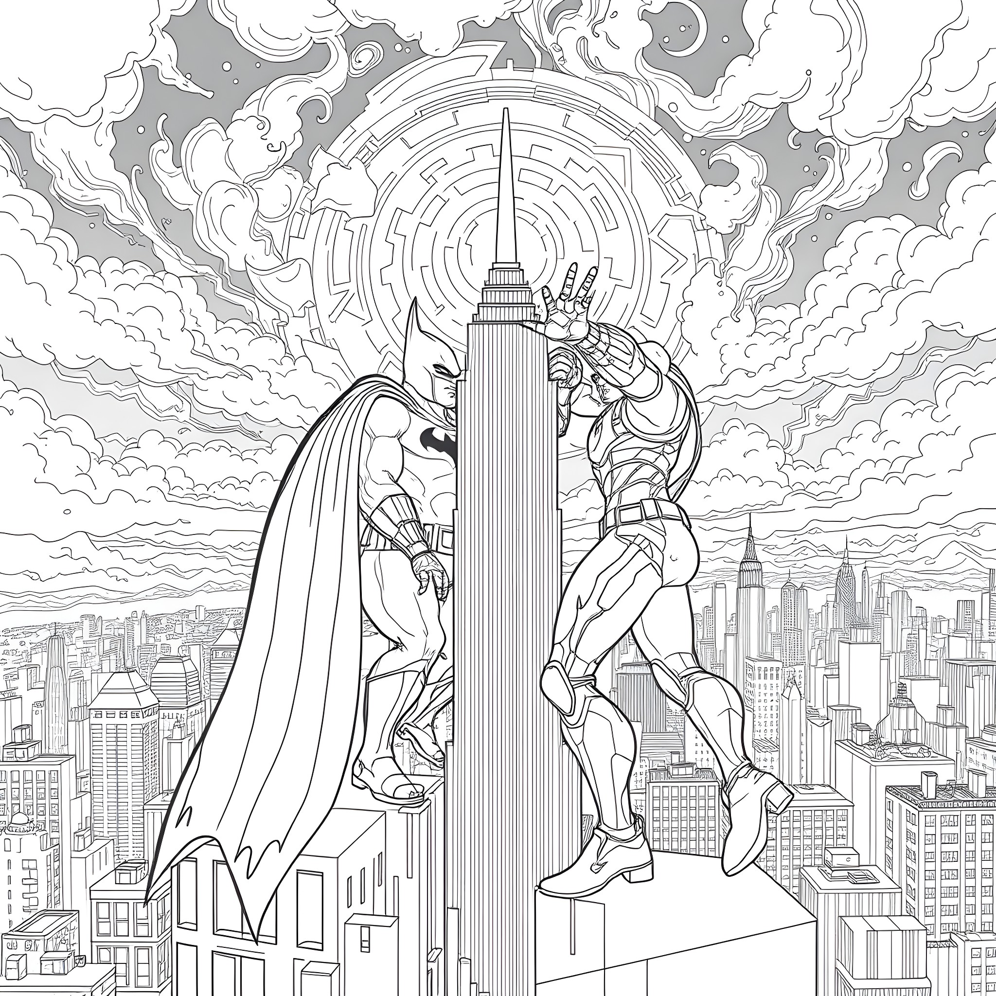 Batman and Superhero Saving City from Disaster Coloring Page (free black-and-white line drawing printable PDF for all, from beginners to advanced learners, including children, teens, adults, and seniors)