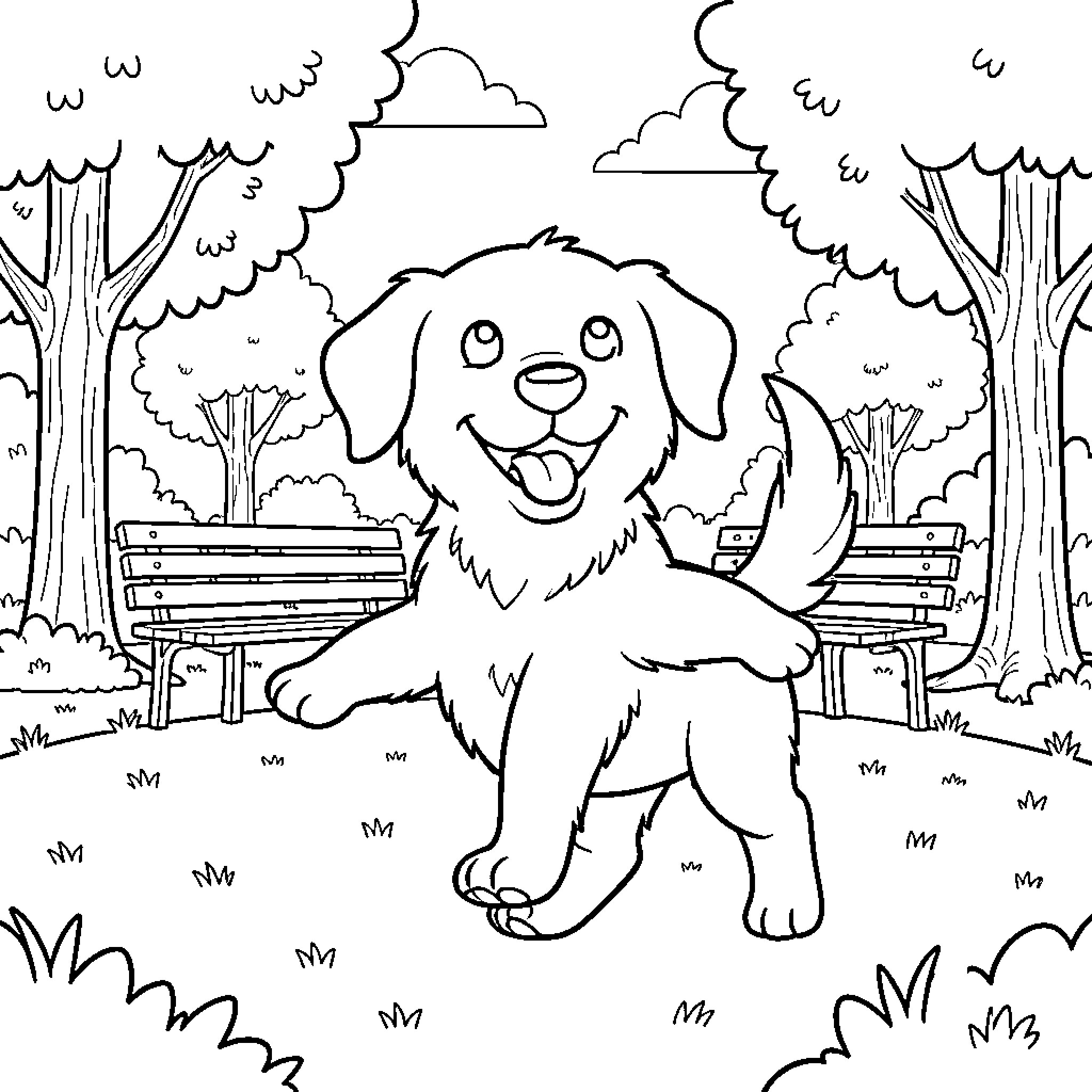 Dog happily playing in the park Coloring Page (free black-and-white line drawing printable PDF for all, from beginners to advanced learners, including children, teens, adults, and seniors)